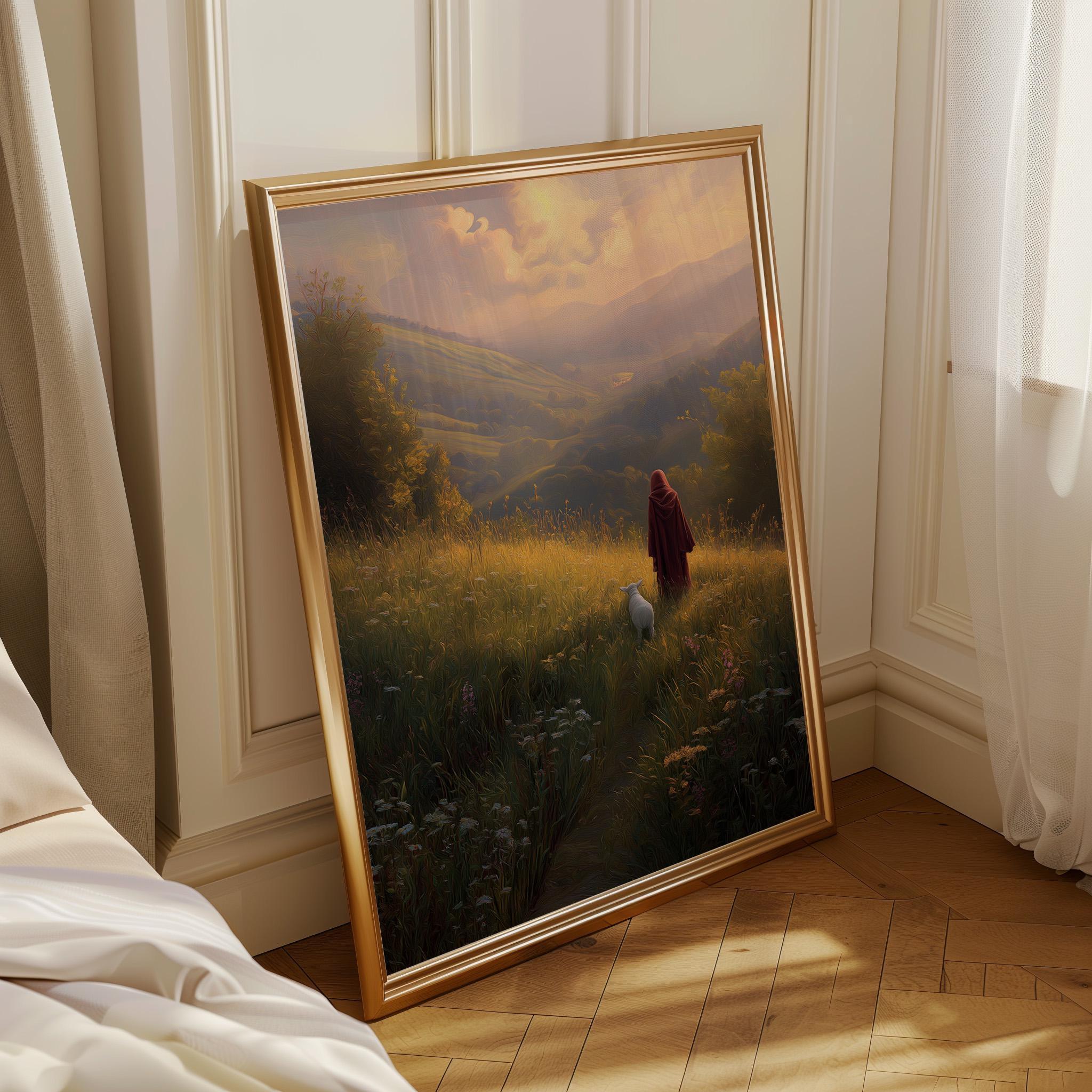 Jesus Walking with Lamb Faith Landscape Religious Wall Art by The Wall Art Studio