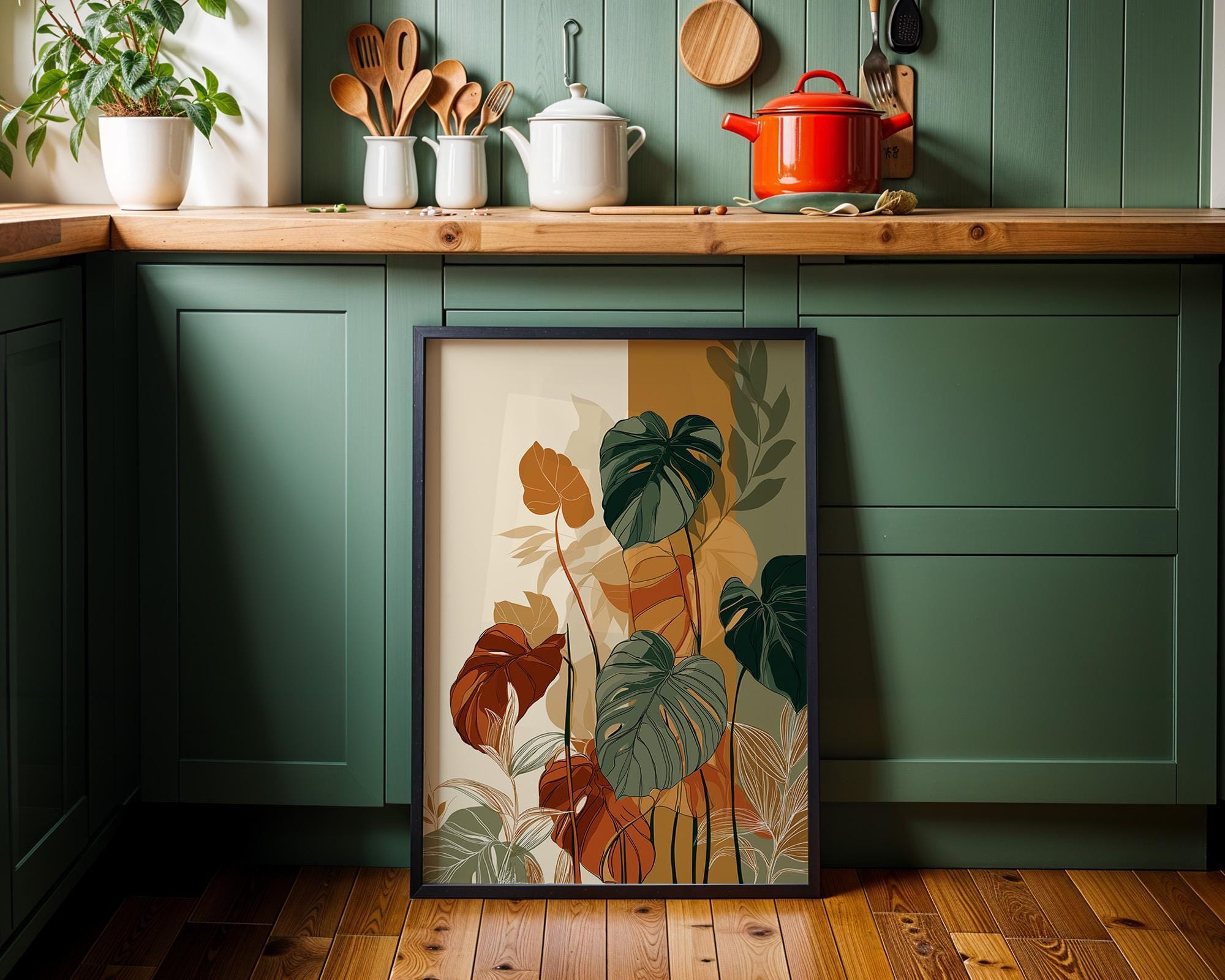 Boho Monstera Leaf Mid Century Modern Plant Japandi Wall Art