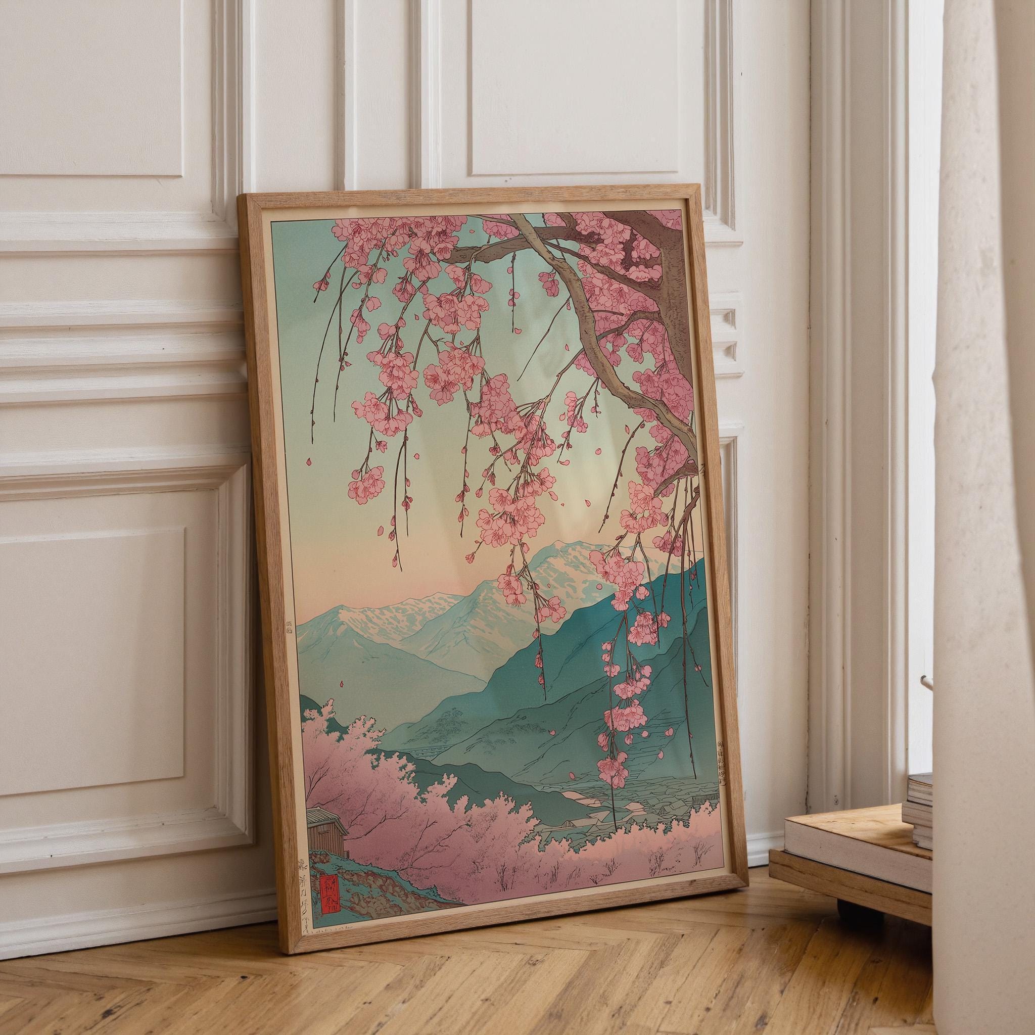 Japanese Cherry Blossom Sakura Tree Pink Floral Mountain Wall Art by The Wall Art Studio