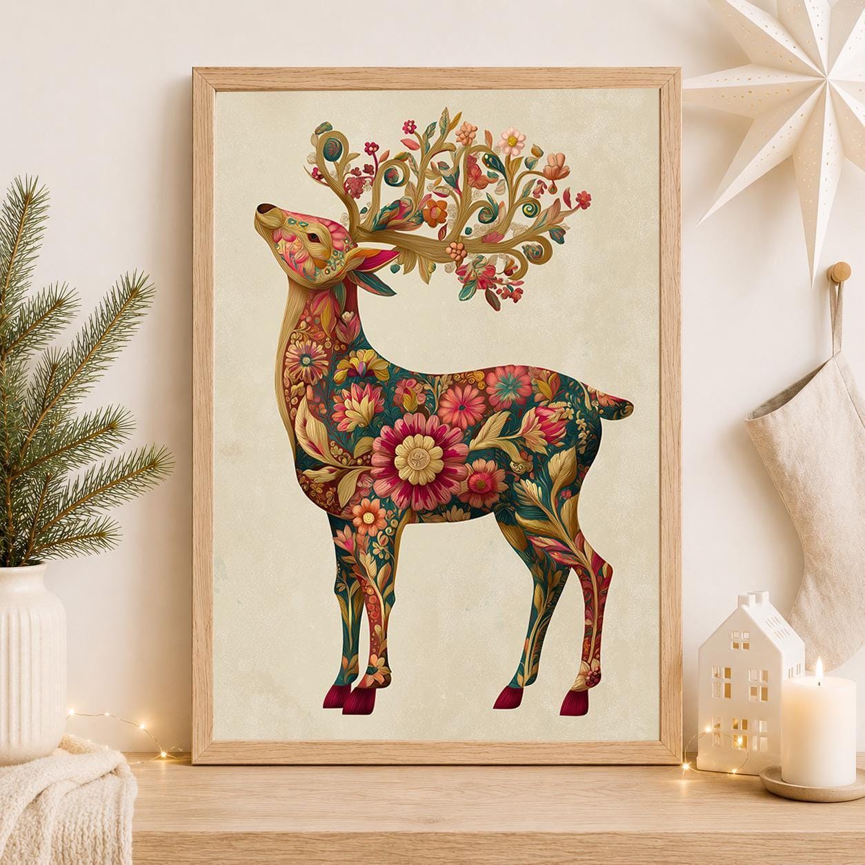 Floral Reindeer Christmas Scandinavian Botanical Wall Art by The Wall Art Studio