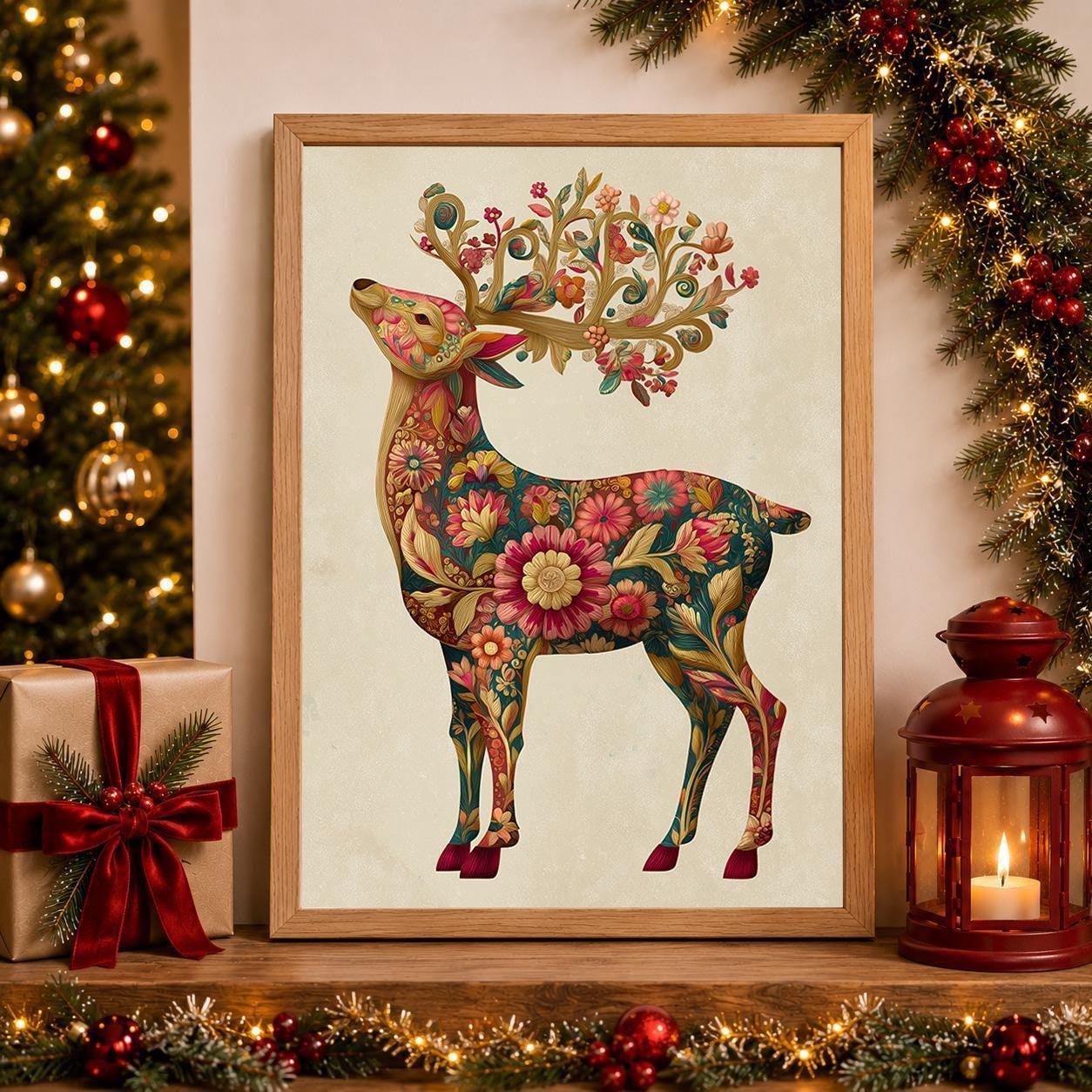 Floral Reindeer Christmas Scandinavian Botanical Wall Art by The Wall Art Studio