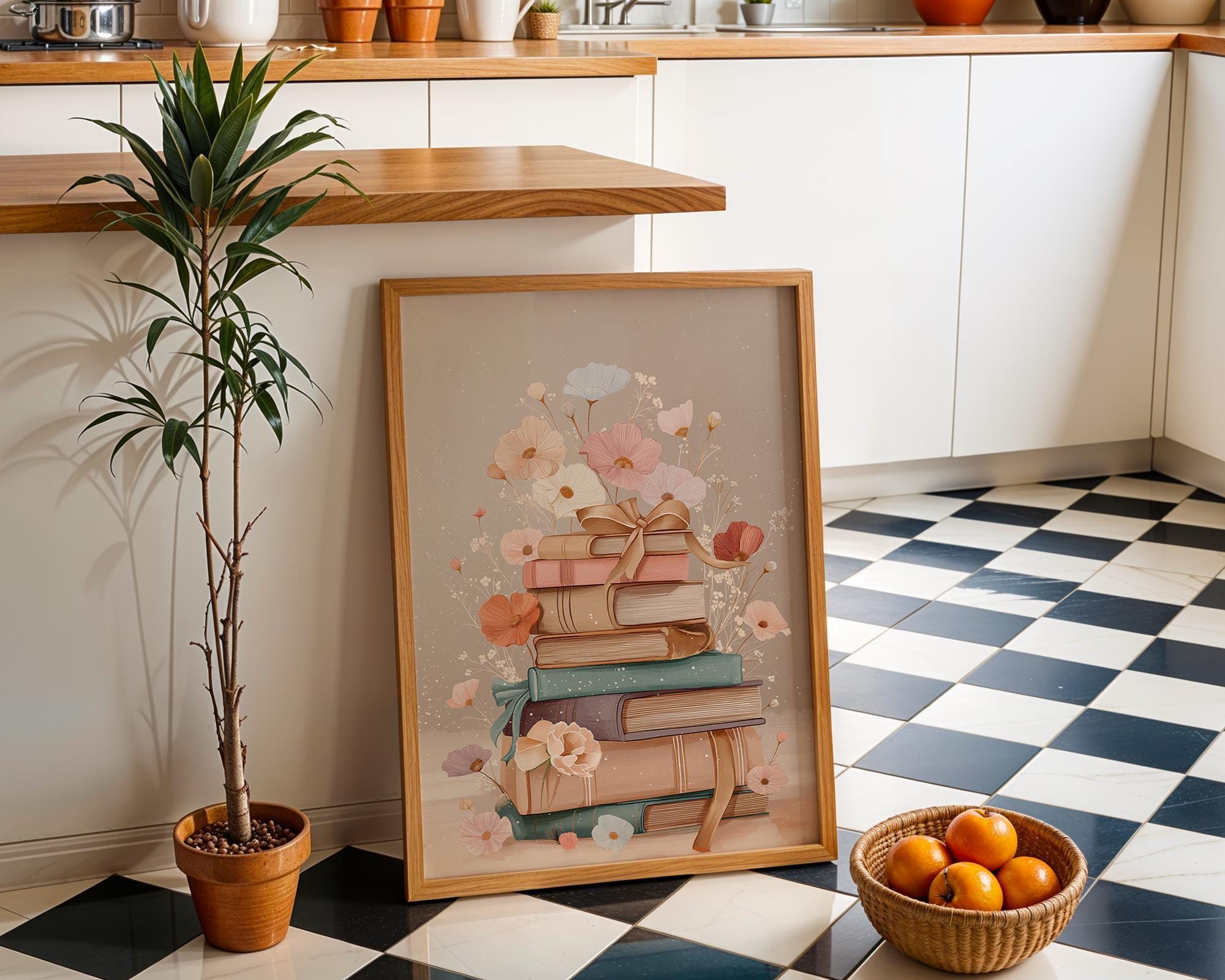 Stacked Books Floral Book Stack Library Wall Art by The Wall Art Studio