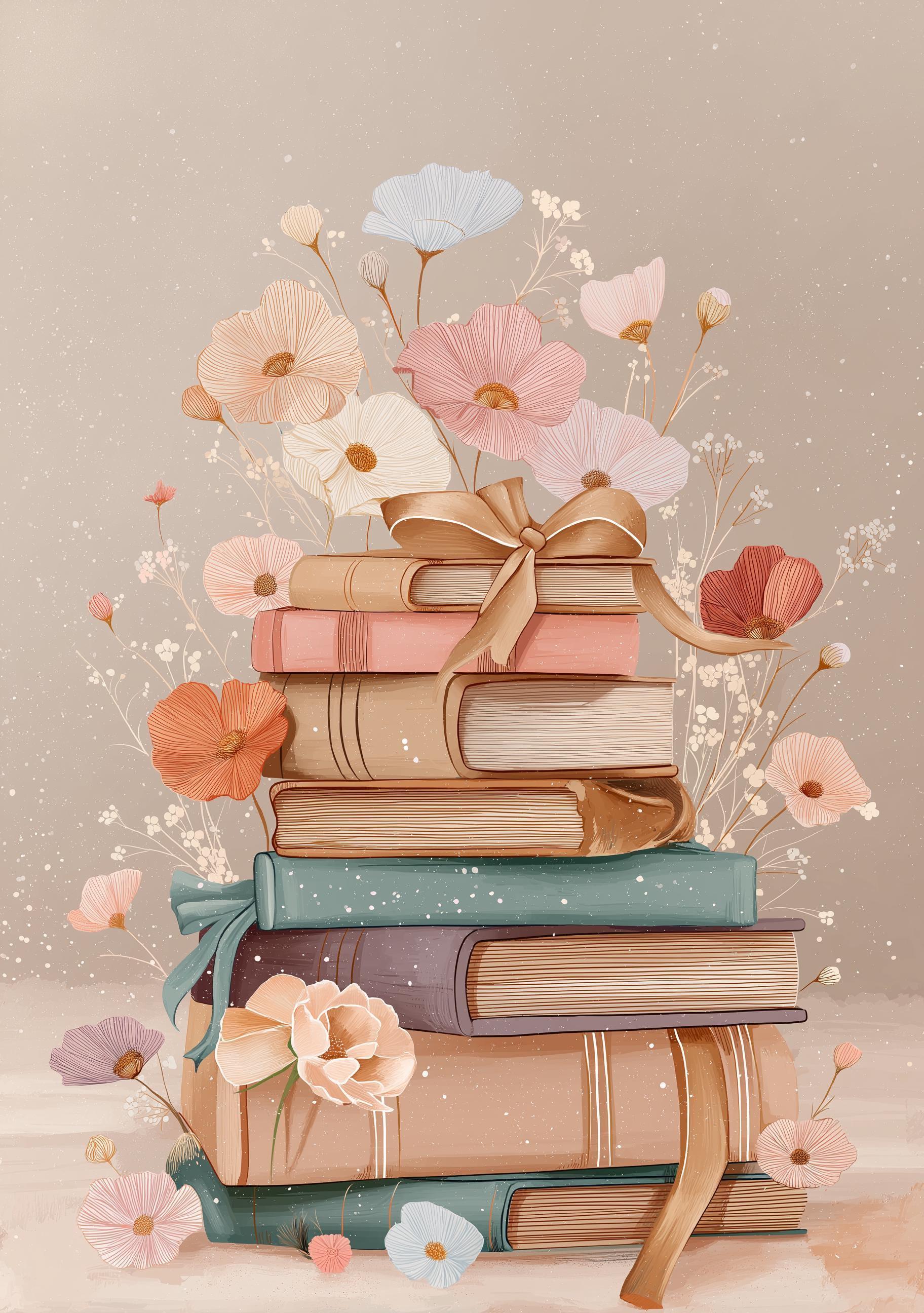 Stacked Books Floral Book Stack Library Wall Art by The Wall Art Studio