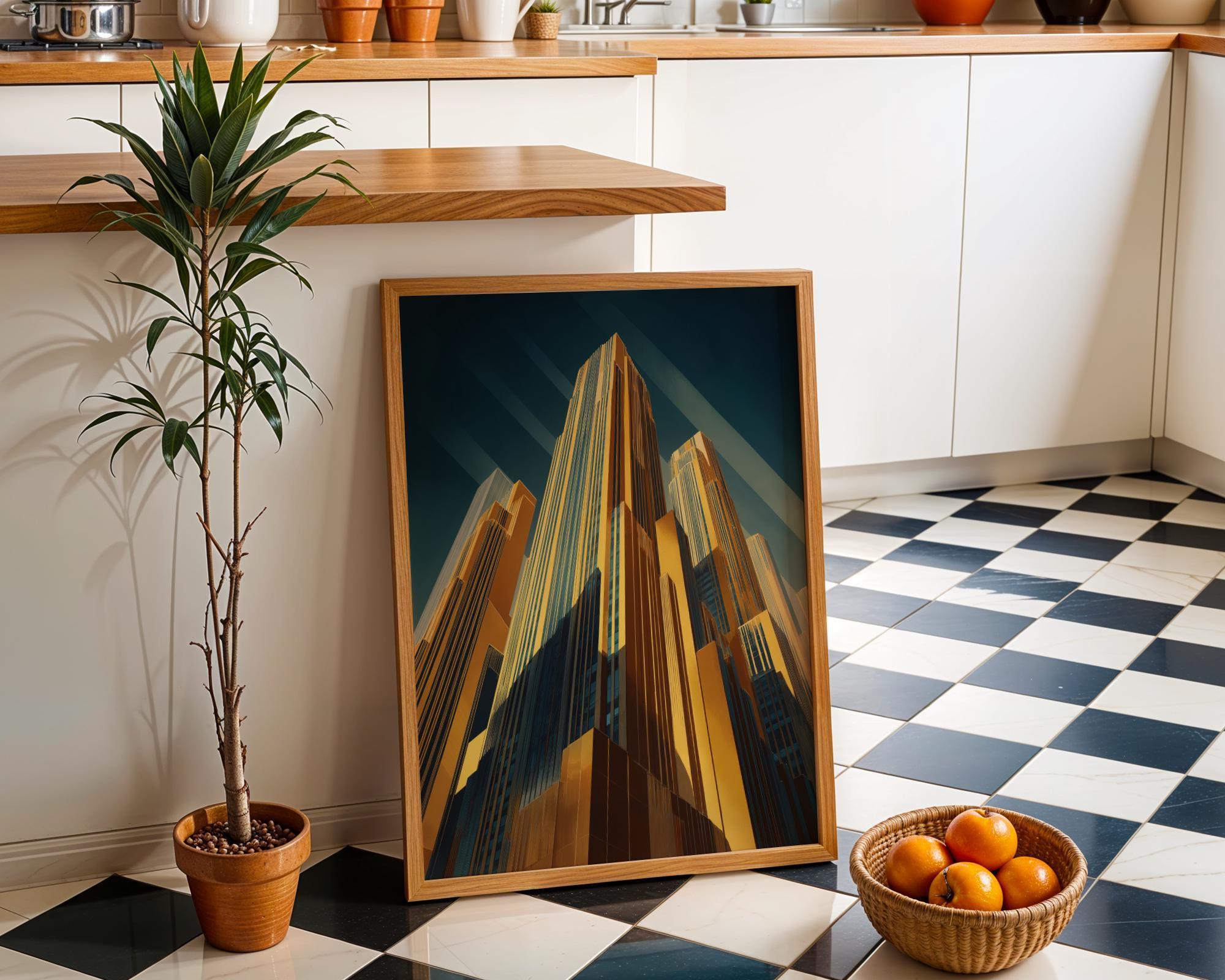Art Deco Skyscraper Geometric Cityscape Gold & Teal Architecture Wall Art by The Wall Art Studio - physical