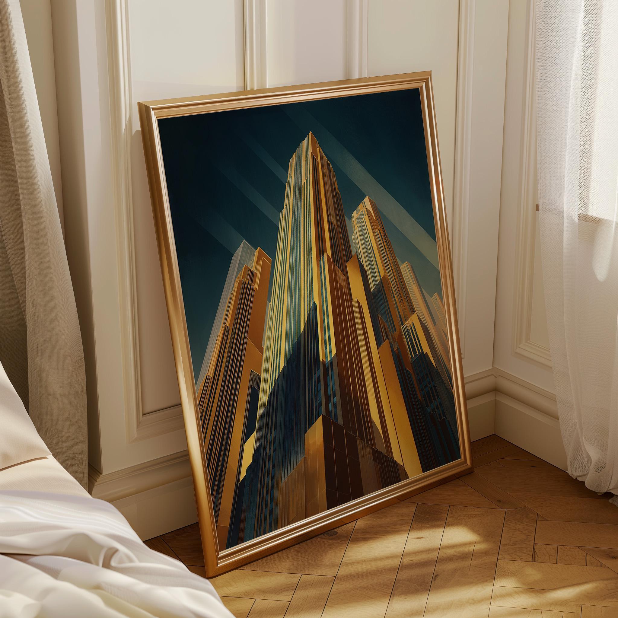 Art Deco Skyscraper Geometric Cityscape Gold & Teal Architecture Wall Art by The Wall Art Studio - physical