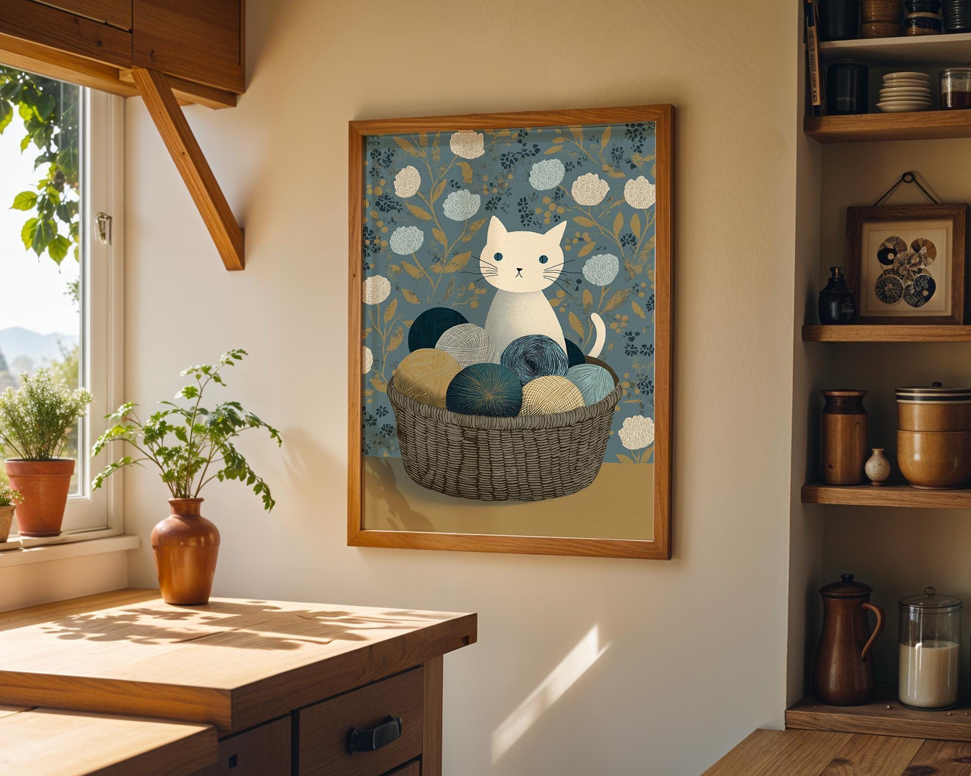 Cat Yarn Basket Knitting Cat Cozy Nursery Wall Art by The Wall Art Studio