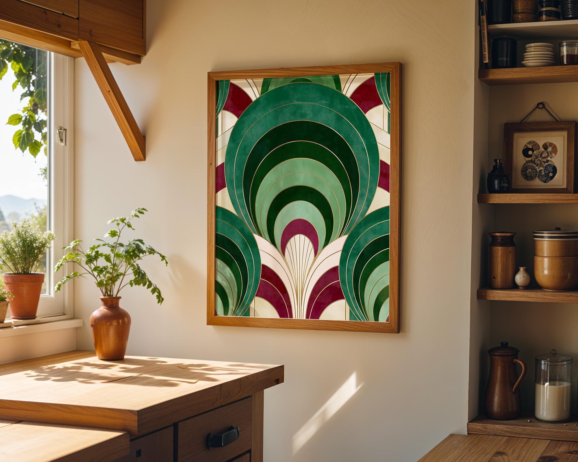 Geometric Gold & Burgundy Abstract Art Deco Emerald Arch Wall Art by The Wall Art Studio