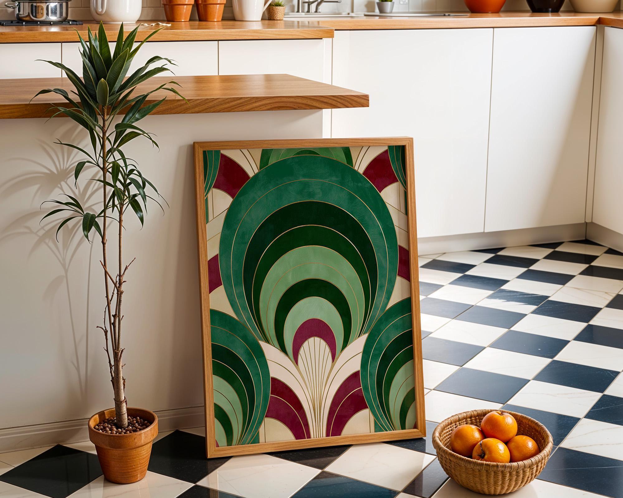 Geometric Gold & Burgundy Abstract Art Deco Emerald Arch Wall Art by The Wall Art Studio