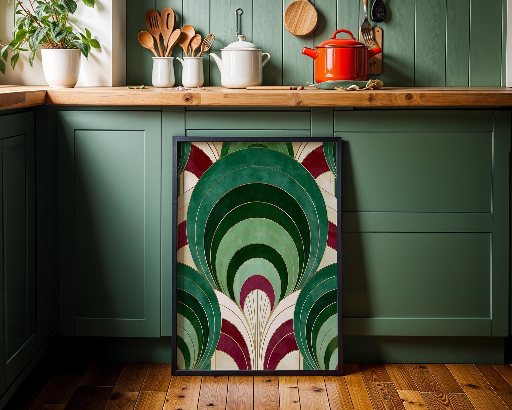 Geometric Gold & Burgundy Abstract Art Deco Emerald Arch Wall Art by The Wall Art Studio