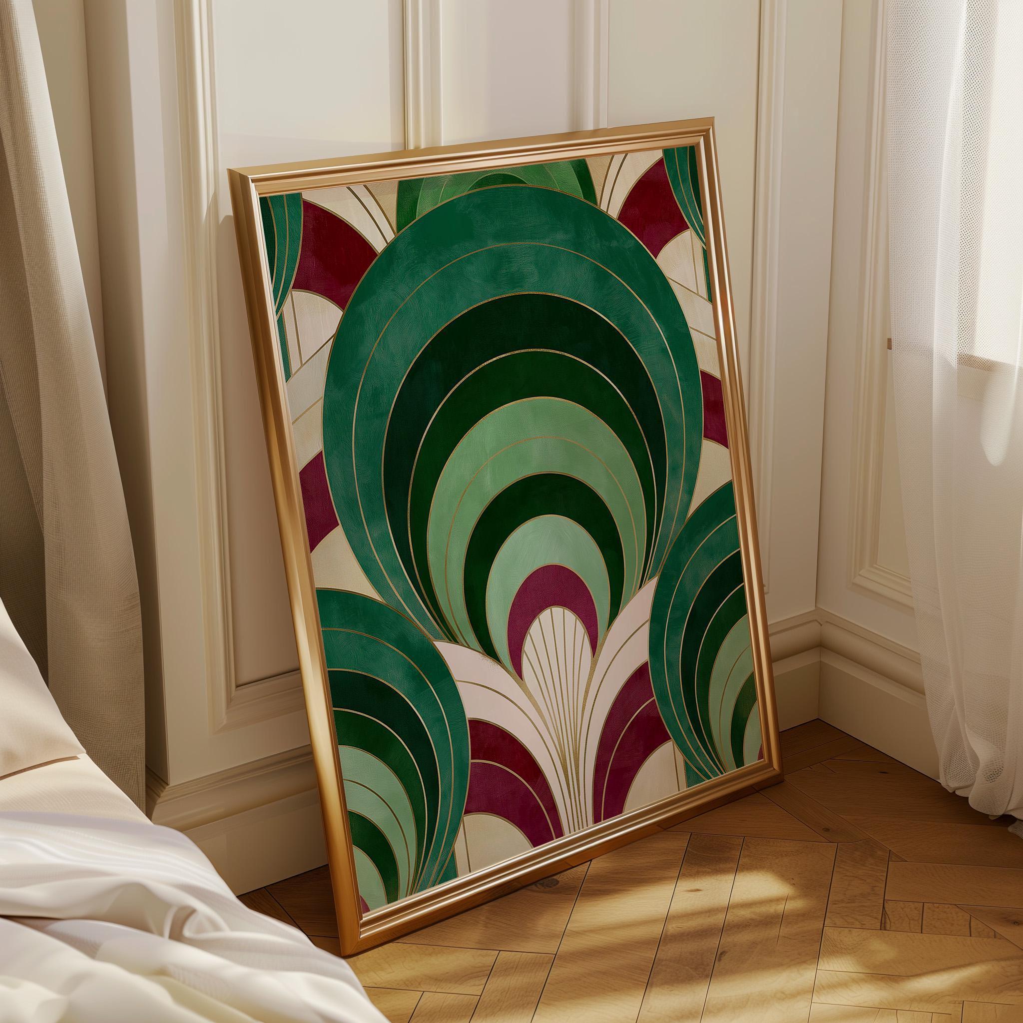 Geometric Gold & Burgundy Abstract Art Deco Emerald Arch Wall Art by The Wall Art Studio