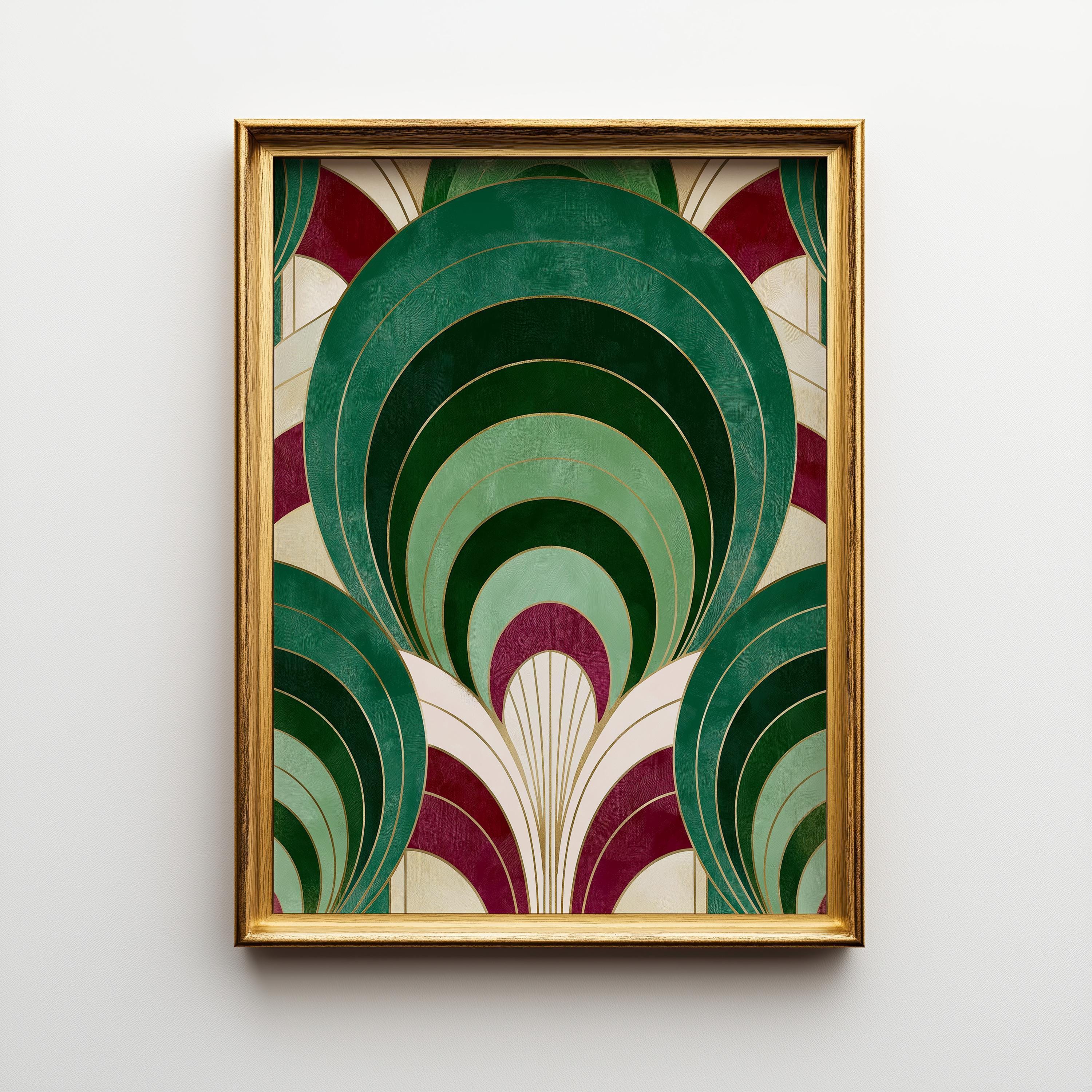 Geometric Gold & Burgundy Abstract Art Deco Emerald Arch Wall Art by The Wall Art Studio