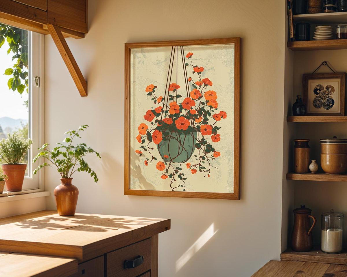 Vintage Hanging Flower Pot etro Orange Floral Mid Century Wall Art