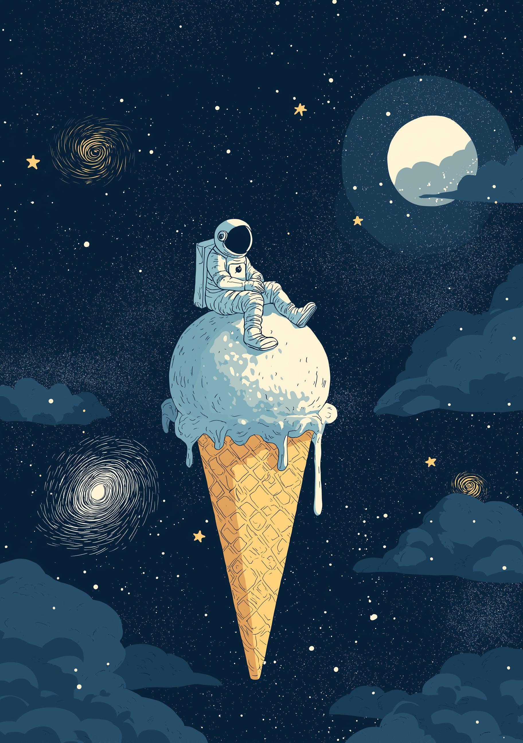 Astronaut Ice Cream Space Cosmic Moon Surreal Galaxy Wall Art by The Wall Art Studio