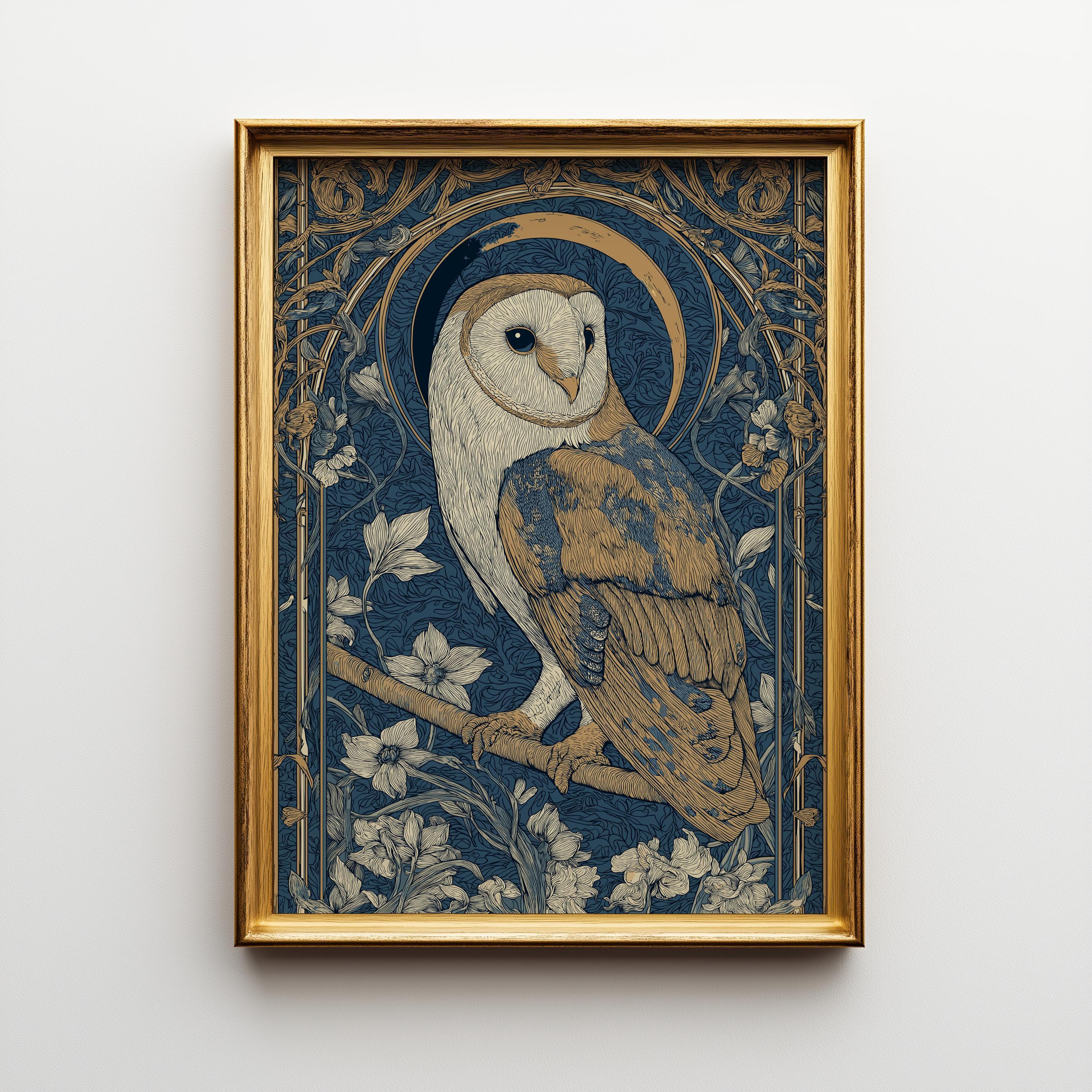 Art Nouveau Barn Owl William Morris Style Dark Academia Wall Art