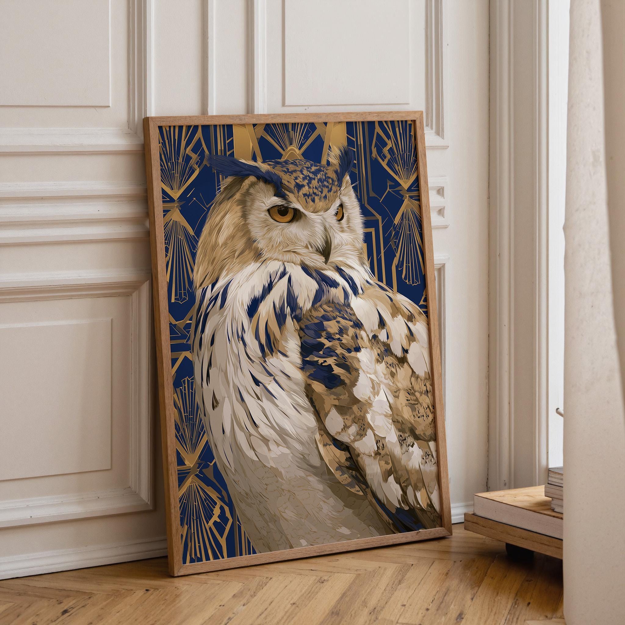 Art Deco Vintage Blue & Gold Owl Wall Art by The Wall Art Studio