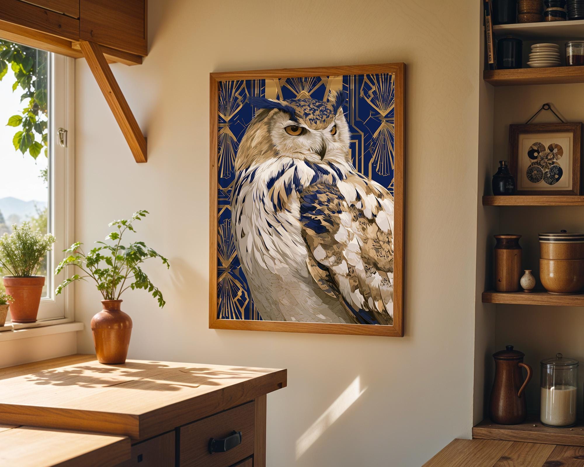 Art Deco Vintage Blue & Gold Owl Wall Art by The Wall Art Studio