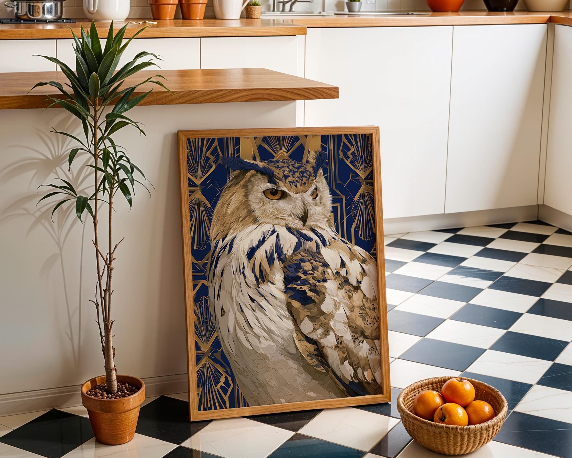 Art Deco Vintage Blue & Gold Owl Wall Art by The Wall Art Studio