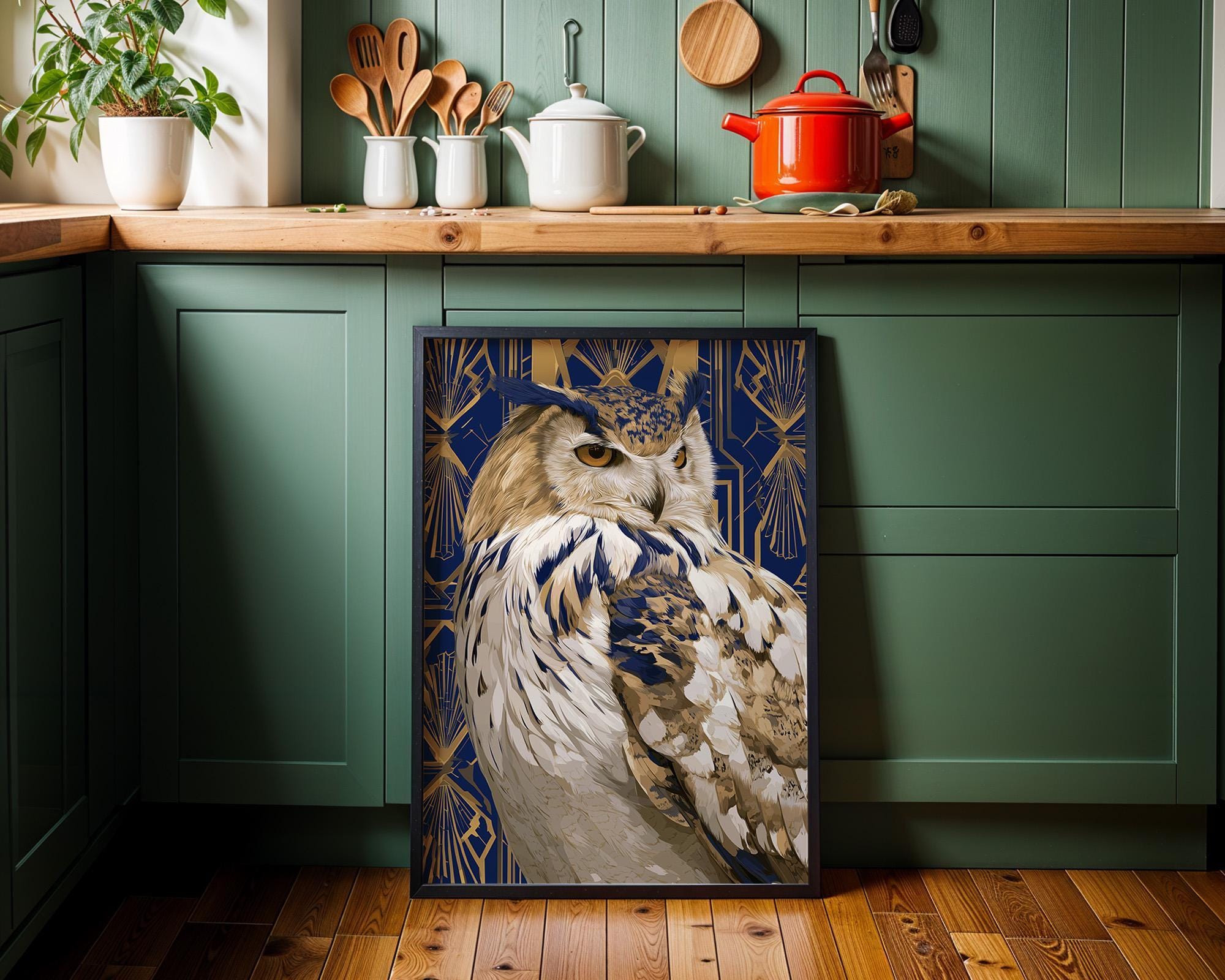Art Deco Vintage Blue & Gold Owl Wall Art by The Wall Art Studio