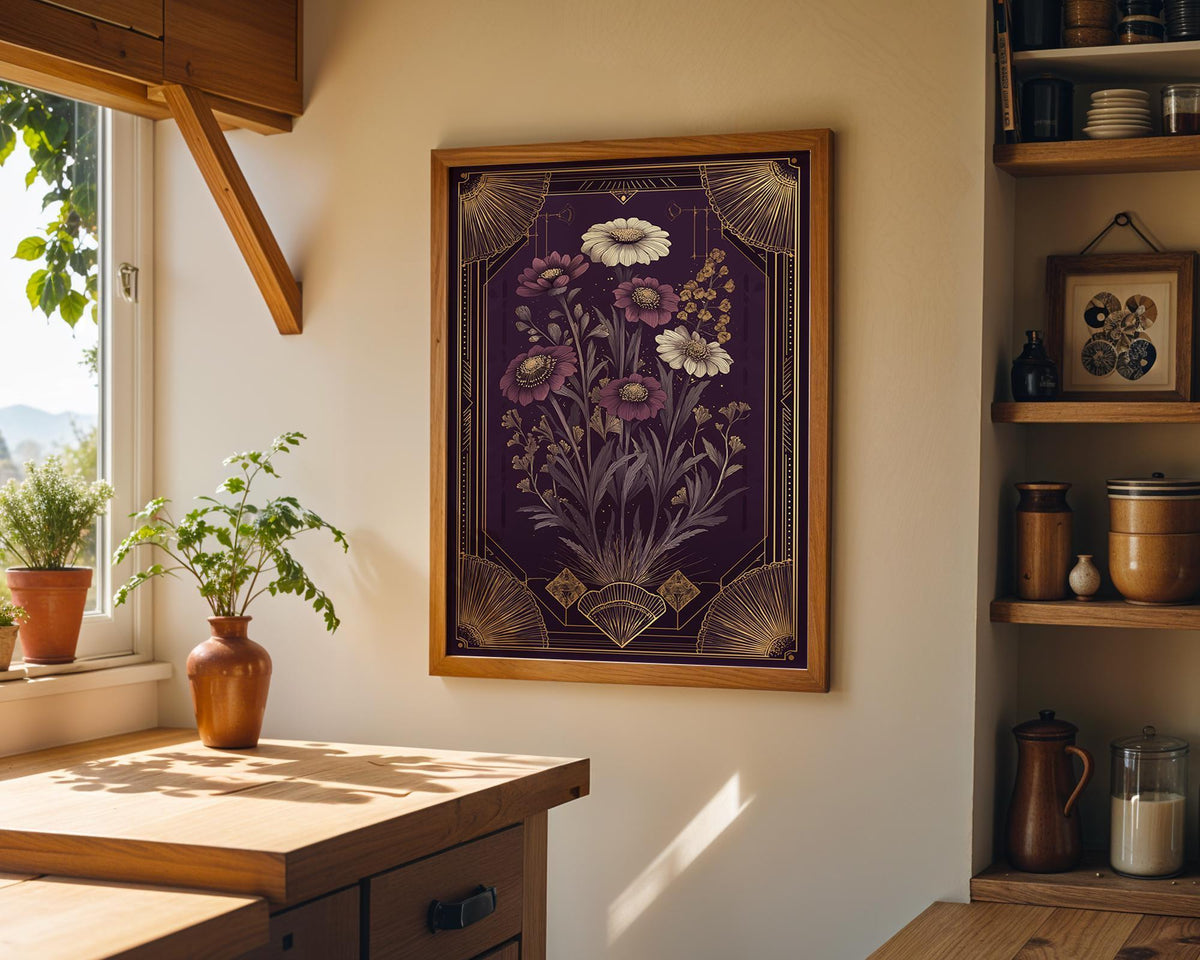 Art Deco Botanical Flower Vintage Gold Moody Floral Wall Art by The Wall Art Studio