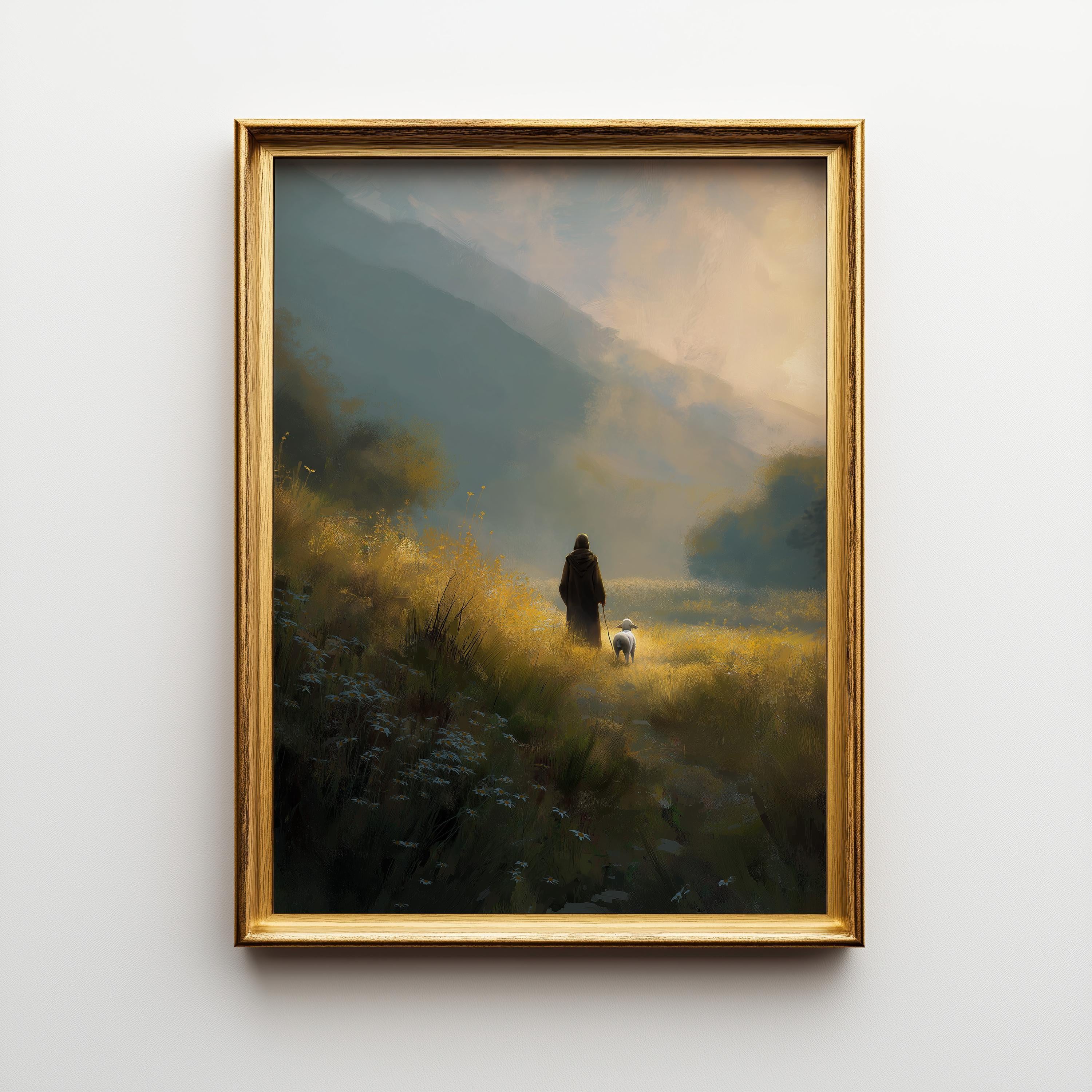 Christian Jesus Walking with Lamb Faith Landscape Wall Art by The Wall Art Studio