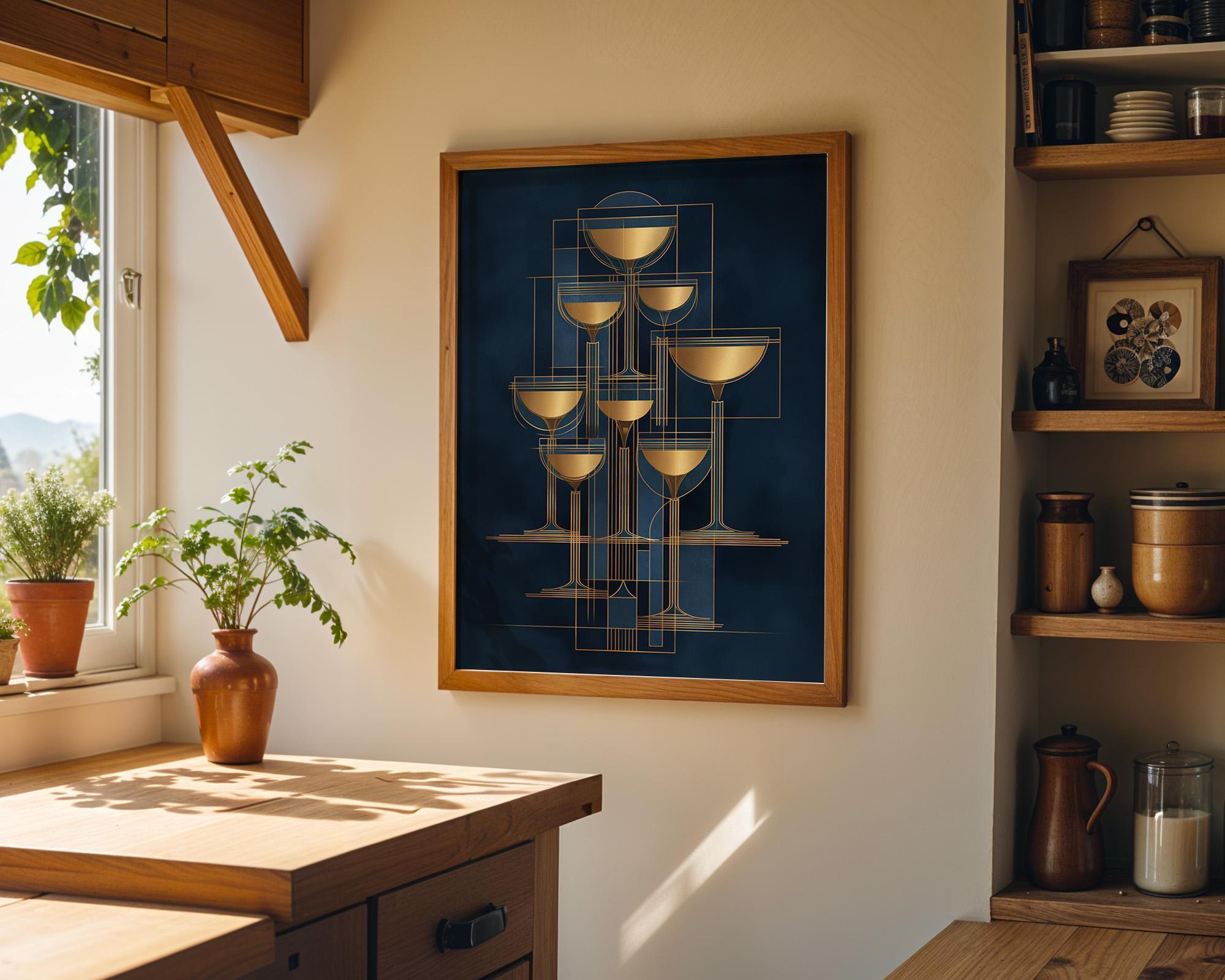 Art Deco Cocktail Wall Art Print, Minimalist Martini Illustration, Blue and Gold Bar Décor