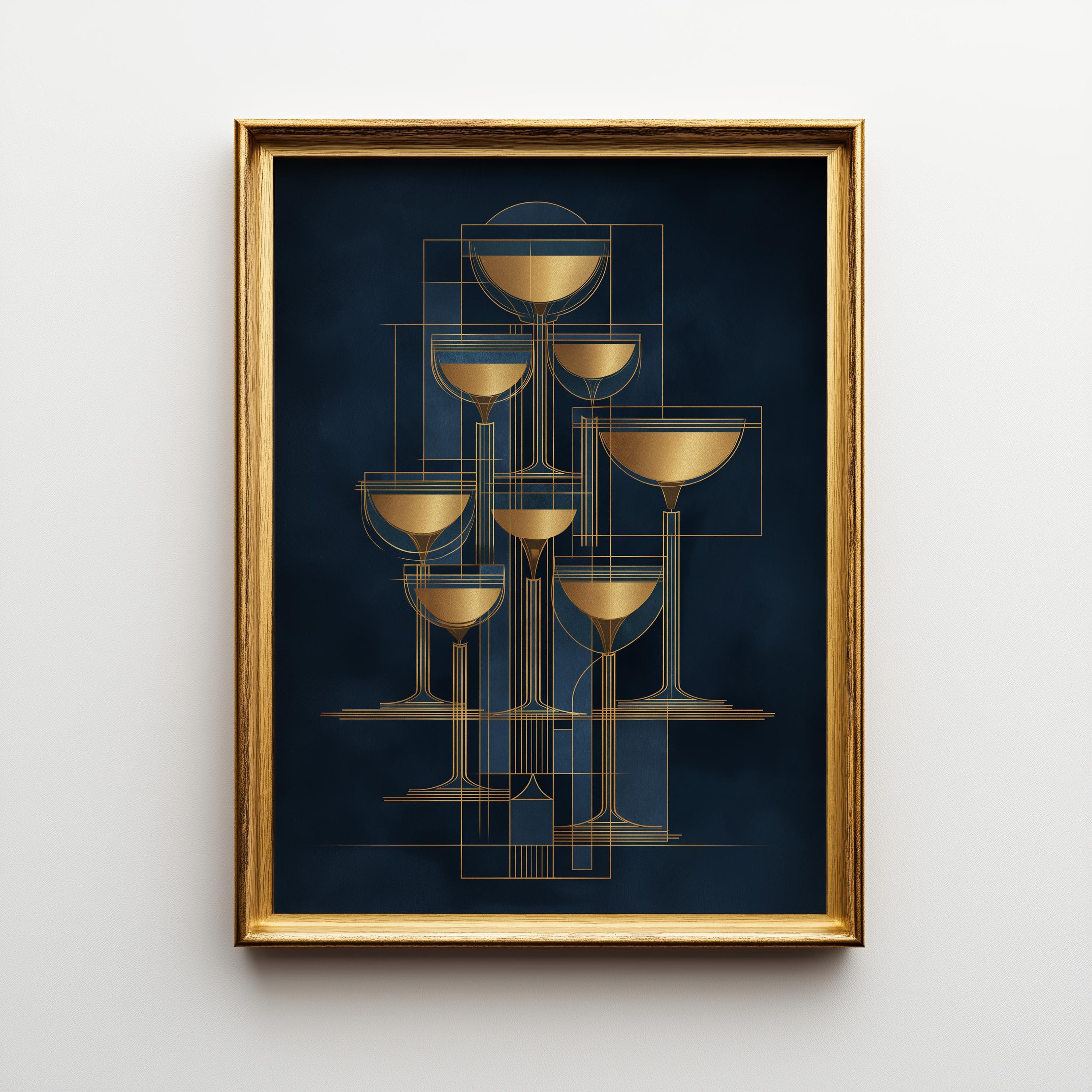Art Deco Cocktail Wall Art Print, Minimalist Martini Illustration, Blue and Gold Bar Décor