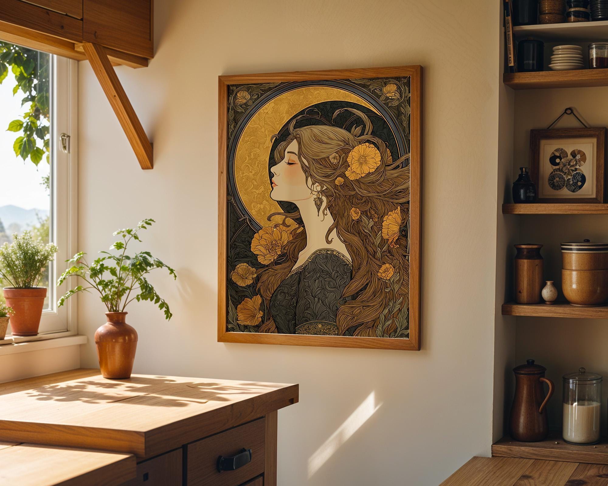 Art Nouveau Woman Celestial Gold Floral Wall Art by The Wall Art Studio