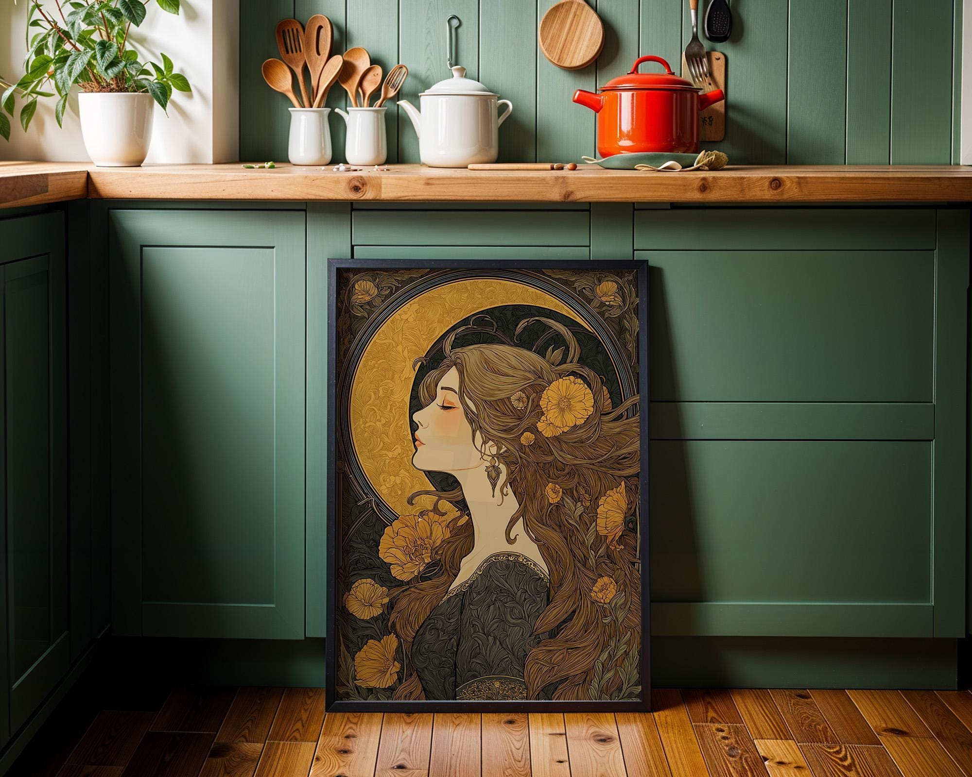 Art Nouveau Woman Celestial Gold Floral Wall Art by The Wall Art Studio