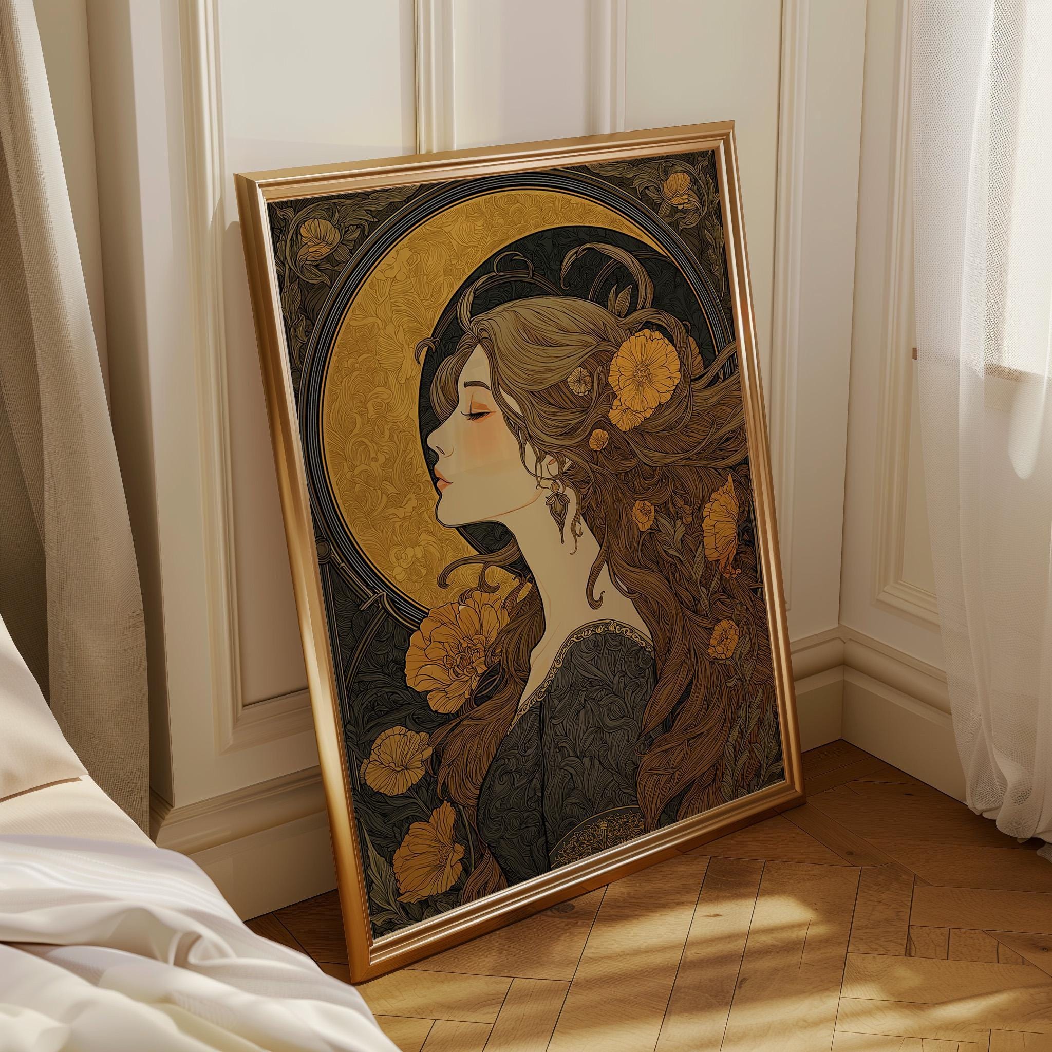 Art Nouveau Woman Celestial Gold Floral Wall Art by The Wall Art Studio