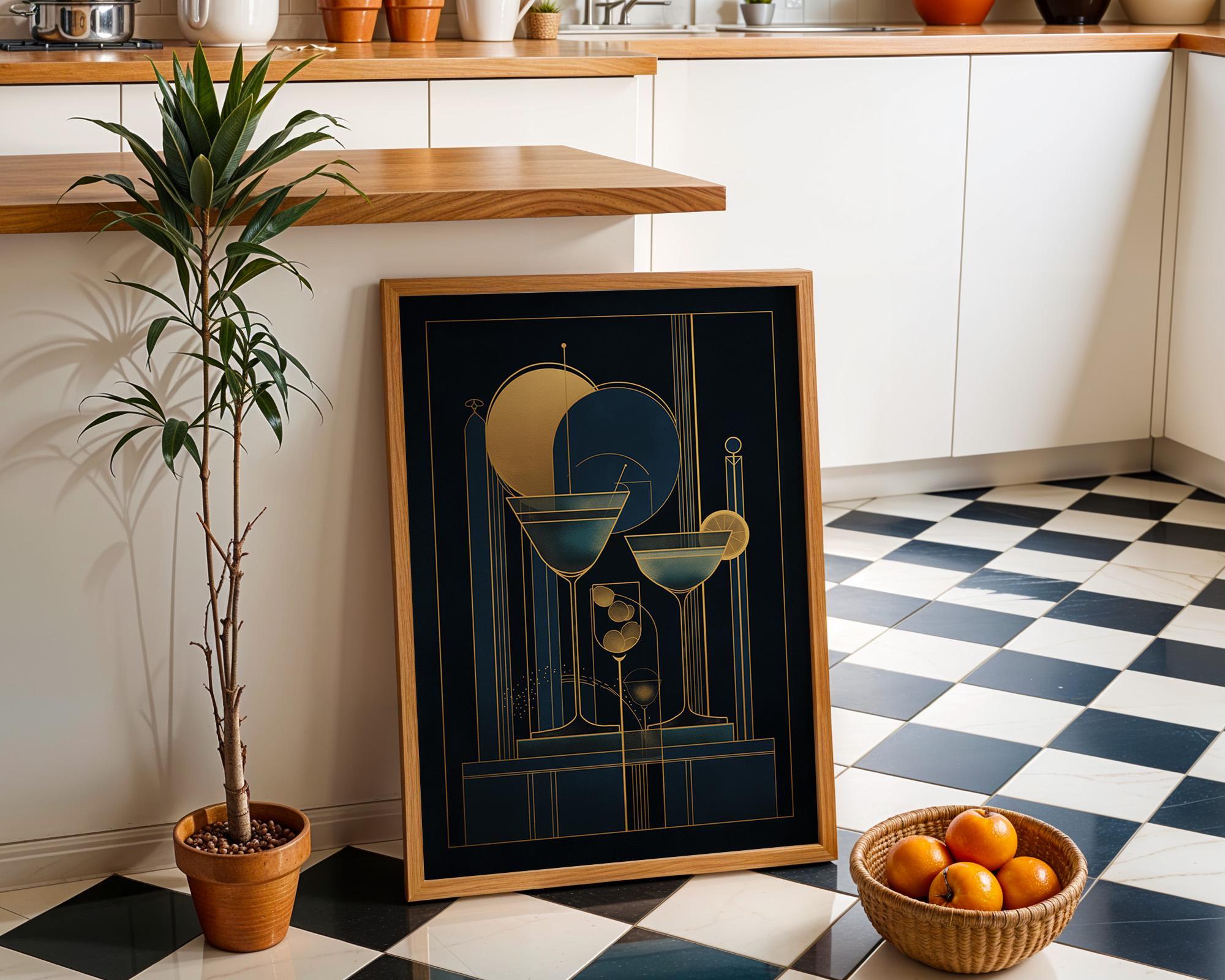 Art Deco Cocktail Wall Art Print, Minimalist Martini Illustration, Blue, Pink and Gold Bar Décor