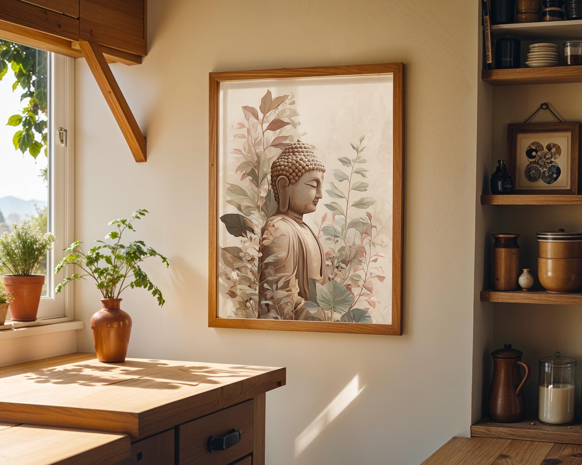 Buddha Wall Art Print, Botanical Buddhist, Calm Meditation Décor, Neutral Spiritual Home Art