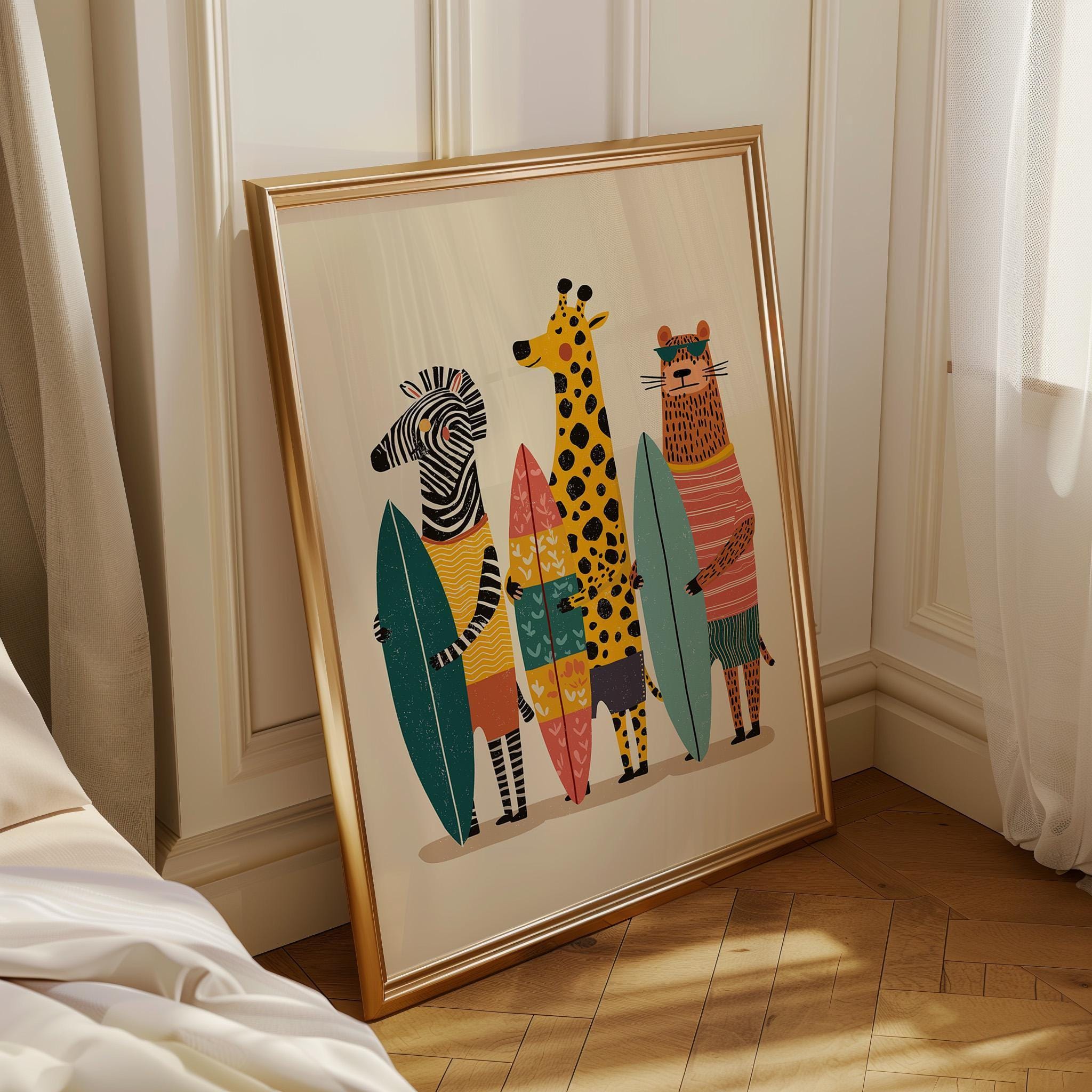 Surfing Animals Boho Coastal Beach Tropical Decor Wall Art