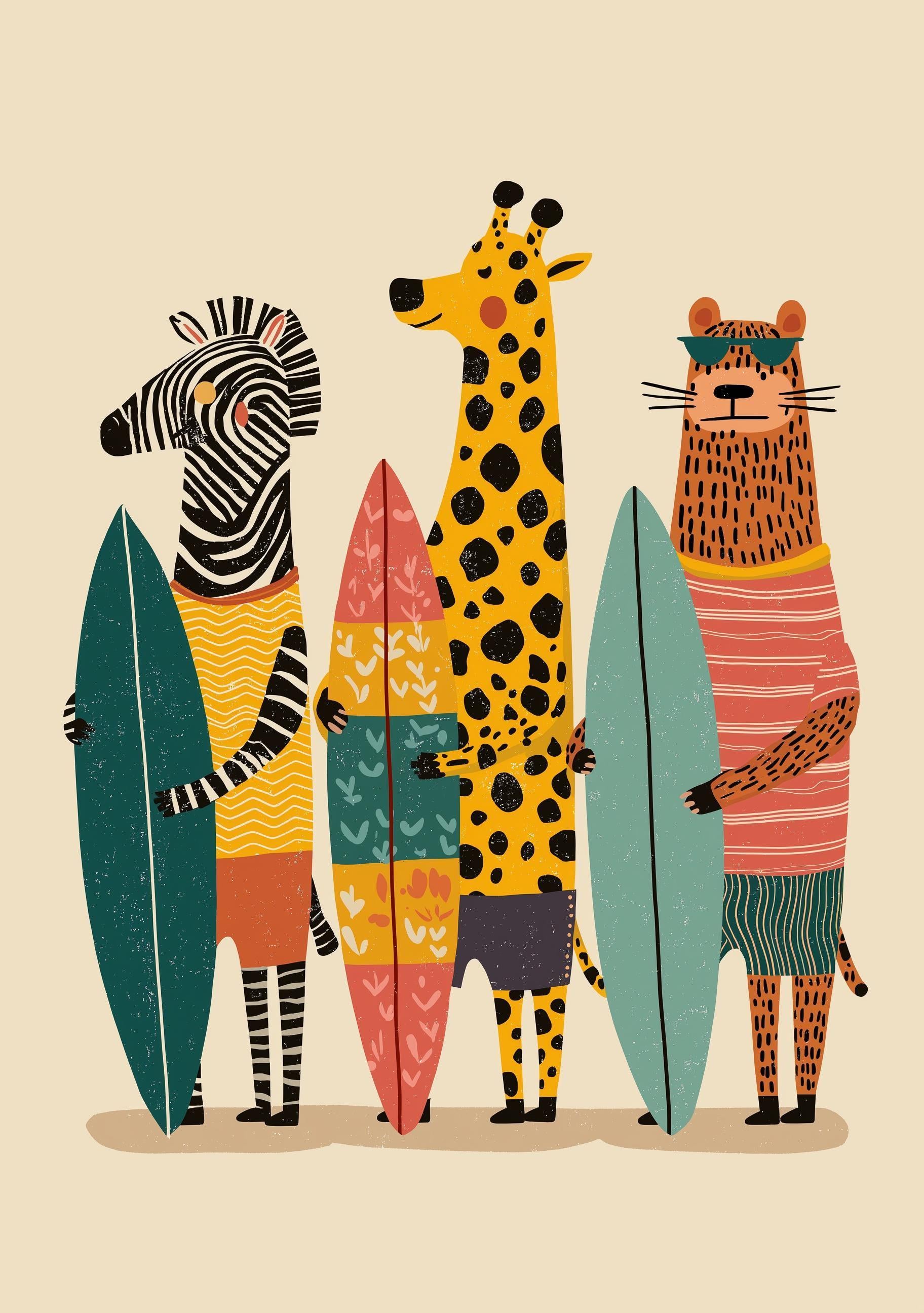 Surfing Animals Boho Coastal Beach Tropical Decor Wall Art
