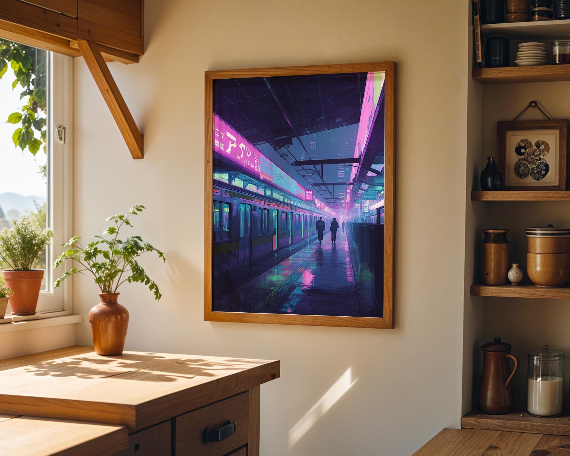 Neon Cyberpunk tokyo Metro Subway Platform Train Station Wall Art by The Wall Art Studio