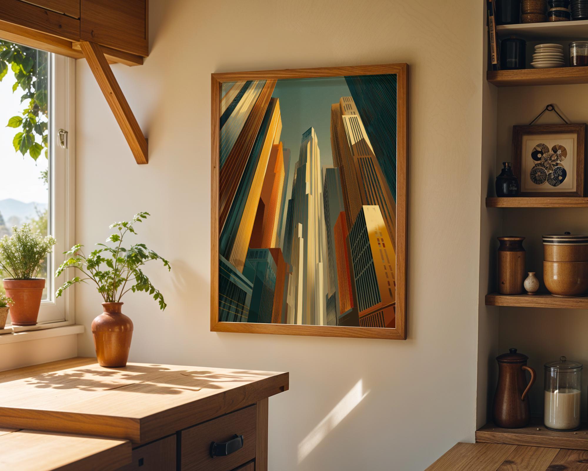 Art Deco Skyscraper Geometric Cityscape Gold & Teal Architecture Wall Art by The Wall Art Studio - physical