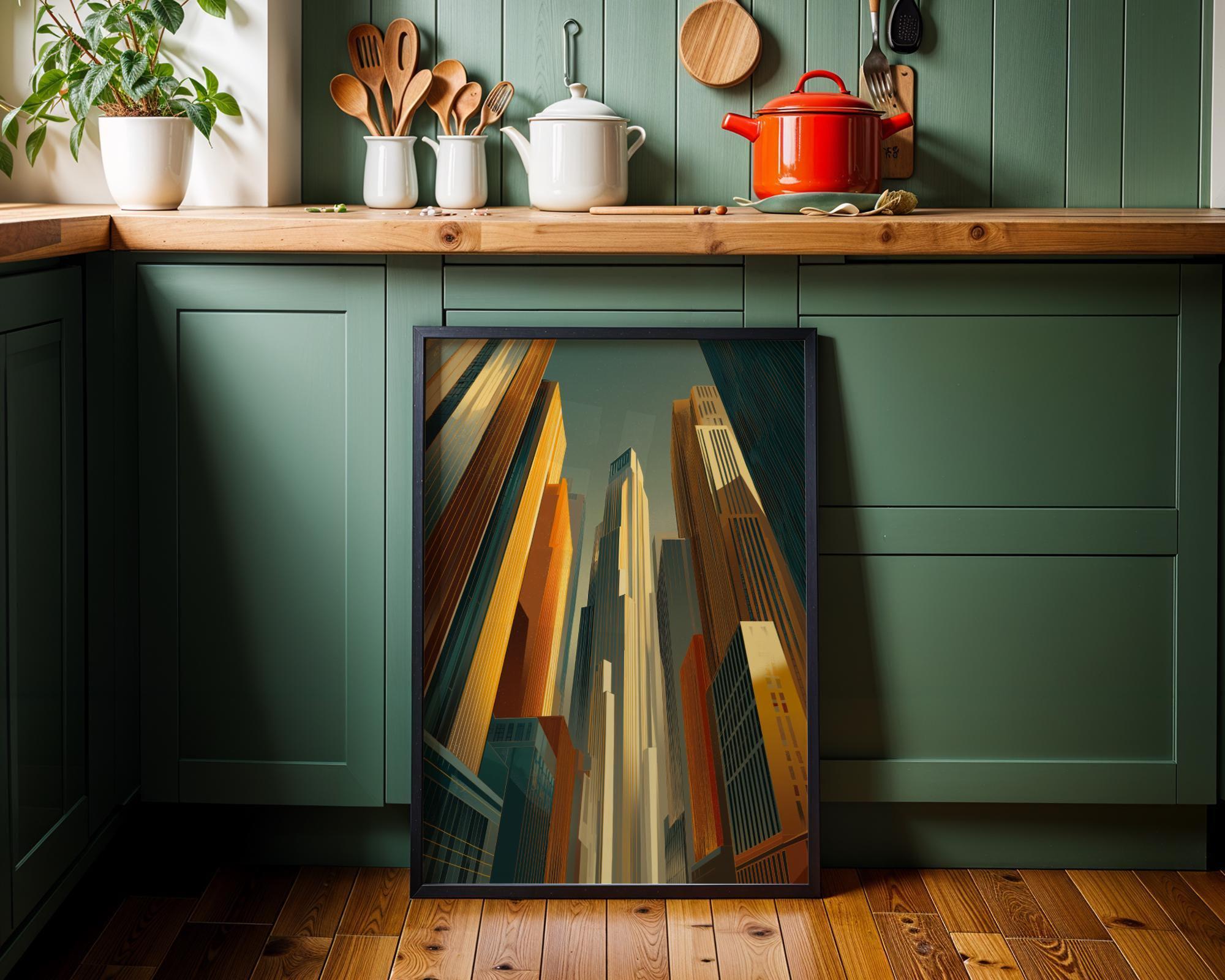 Art Deco Skyscraper Geometric Cityscape Gold & Teal Architecture Wall Art by The Wall Art Studio - physical