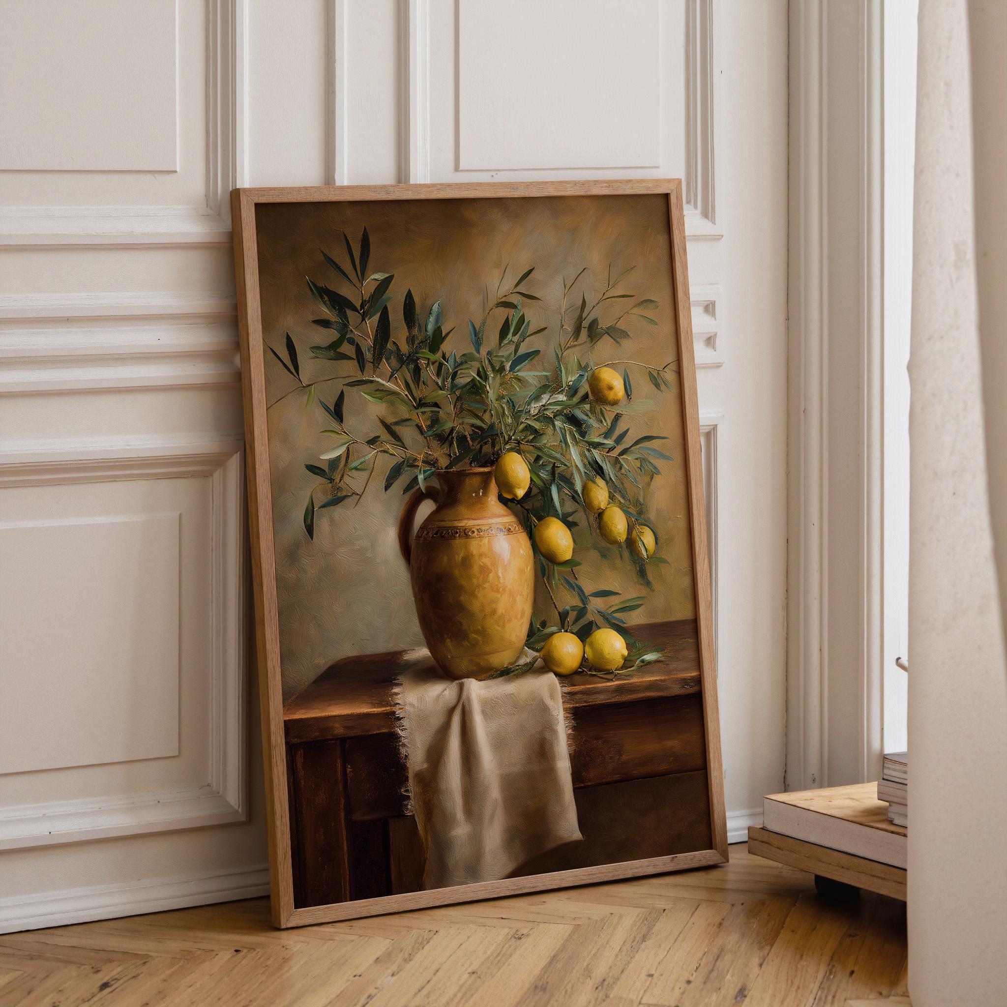 Mediterranean Still Life Olive Branch and Lemons Rustic Spanish Kitchen Wall Art