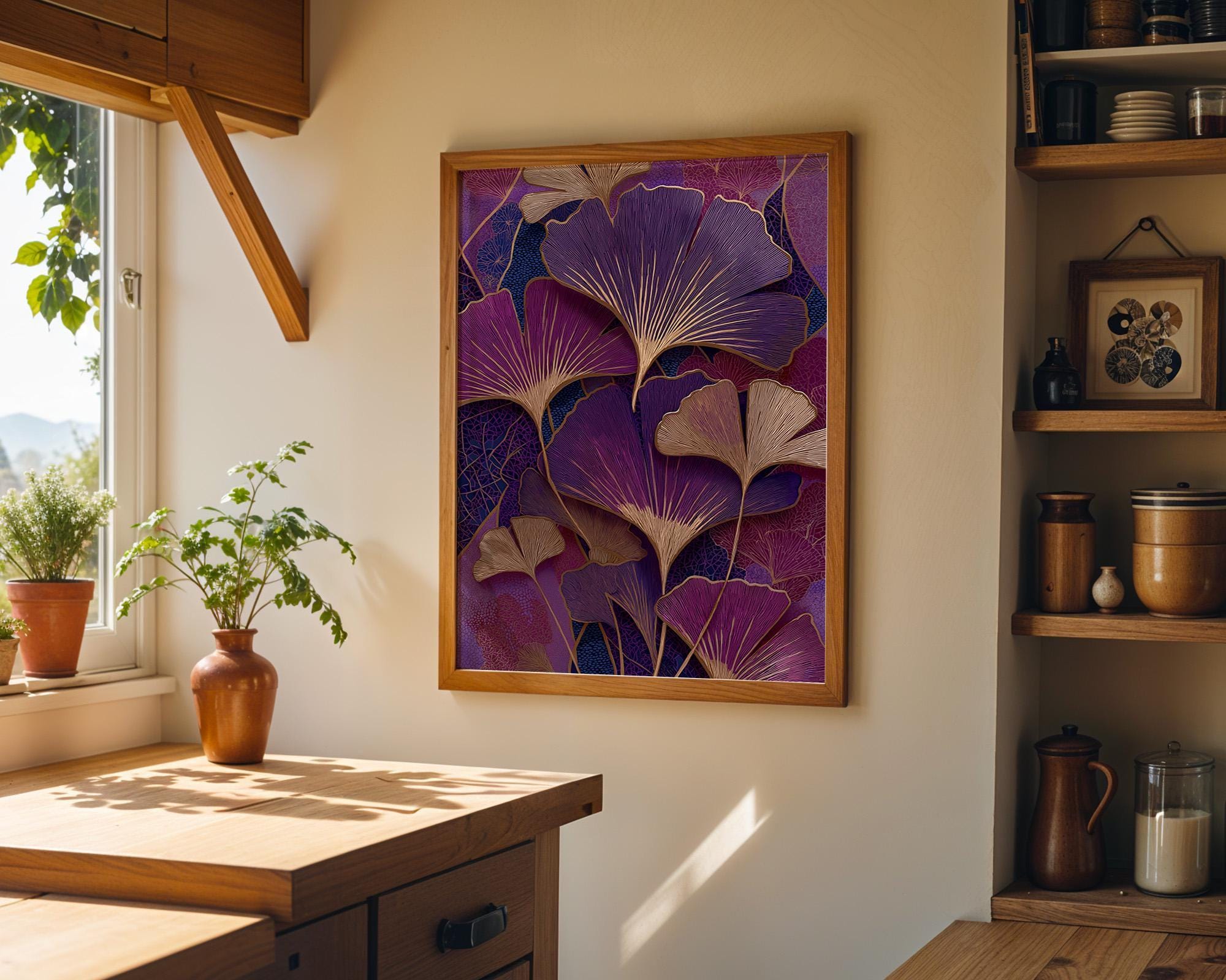 Purple Ginkgo Leaf Dark Maximalist Art Deco Wall Art by The Wall Art Studio - physical