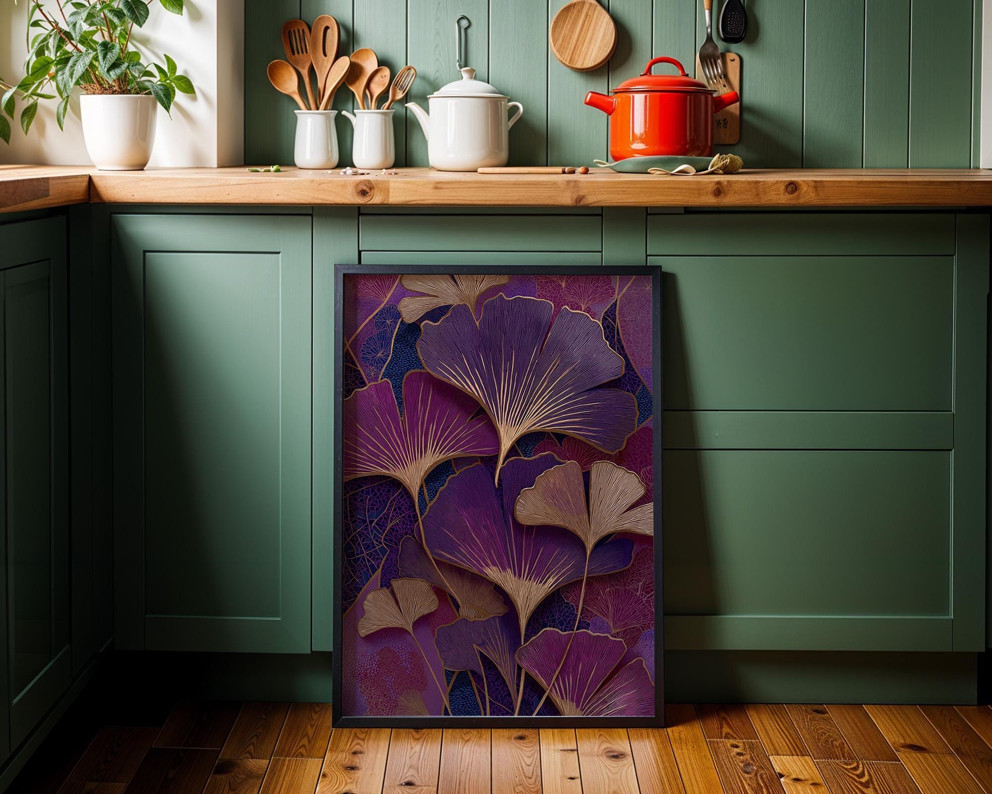 Purple Ginkgo Leaf Dark Maximalist Art Deco Wall Art by The Wall Art Studio - physical