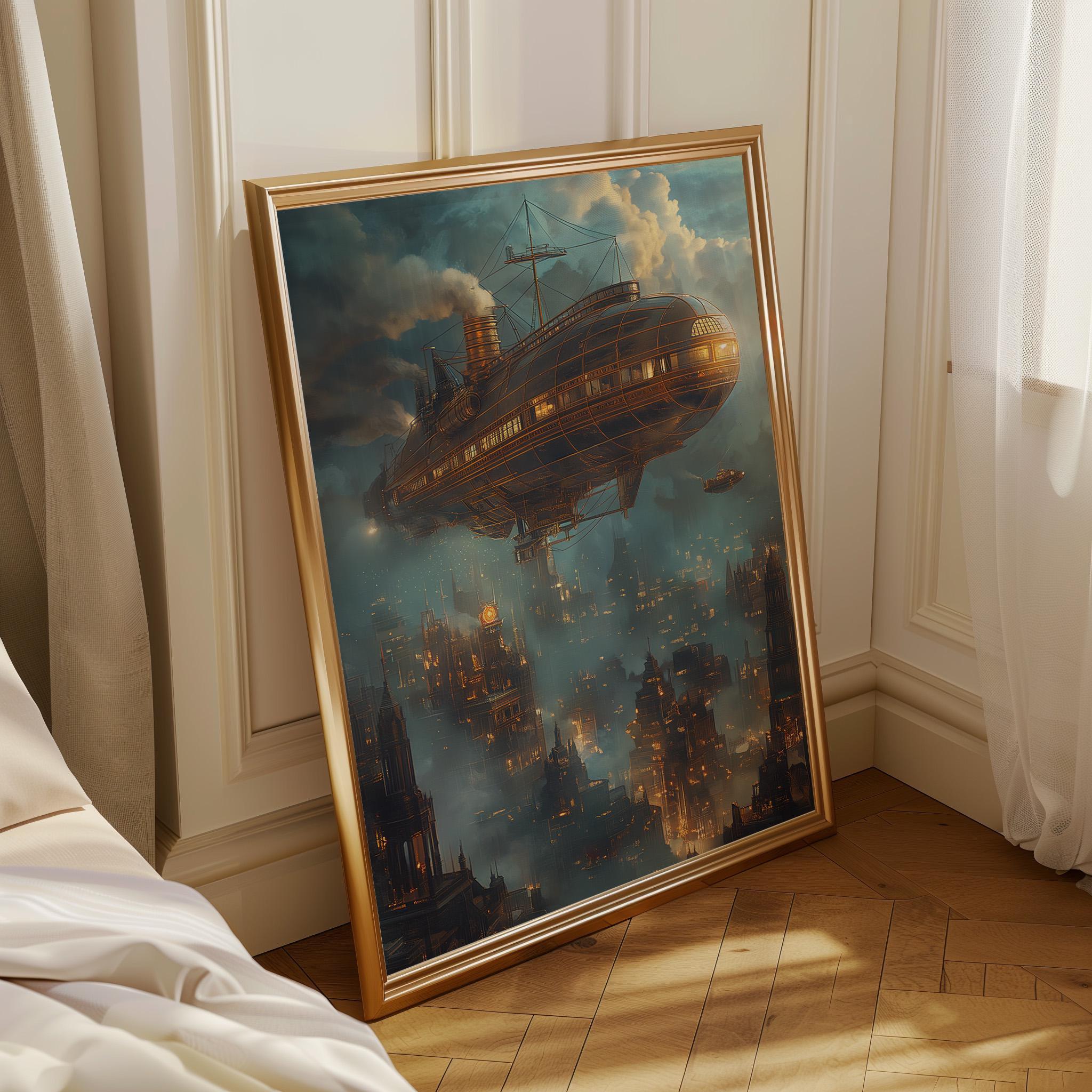 Steampunk Airship over Victorian City Wall Art by The Wall Art Studio