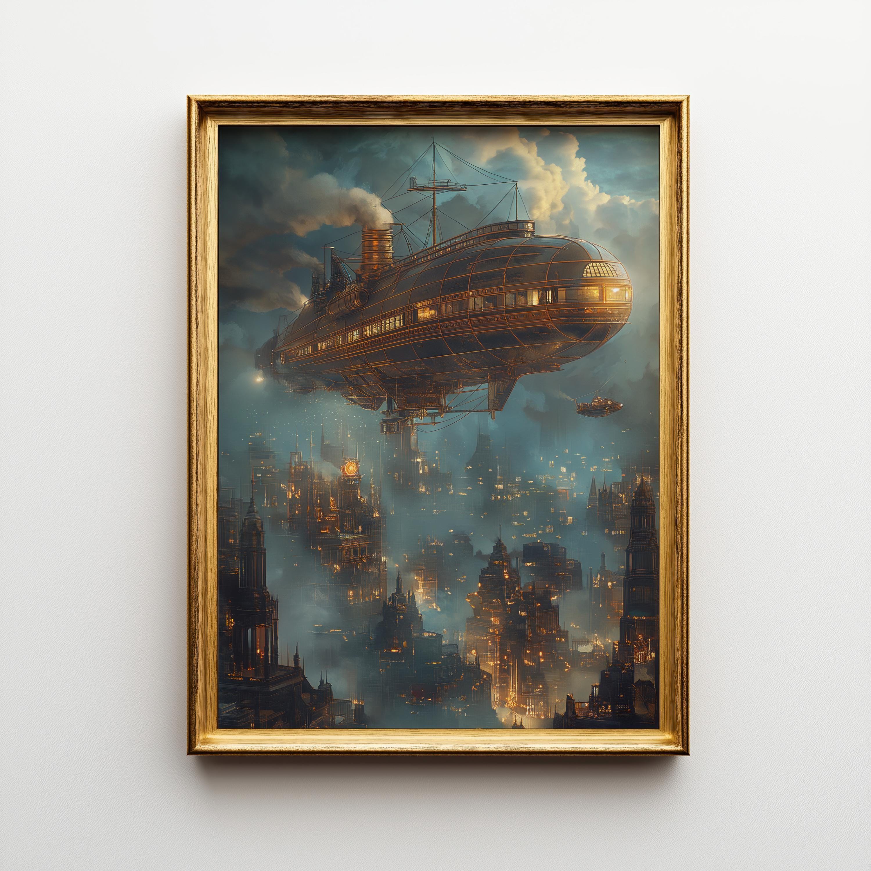 Steampunk Airship over Victorian City Wall Art by The Wall Art Studio