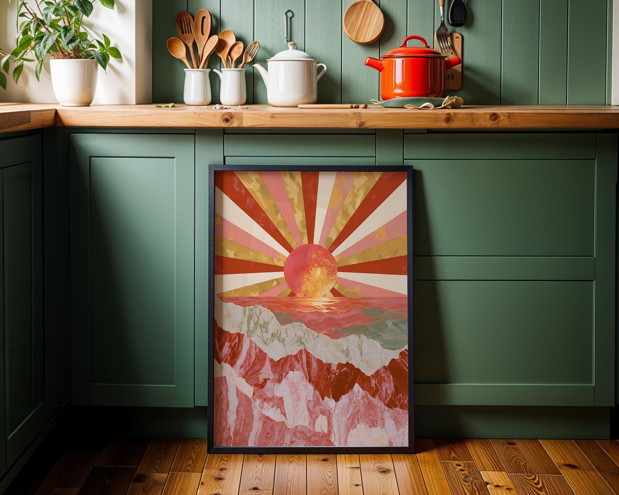 Art Deco Pink Retro Sunburst Landscape Geometric Sunset Wall Art by The Wall Art Studio