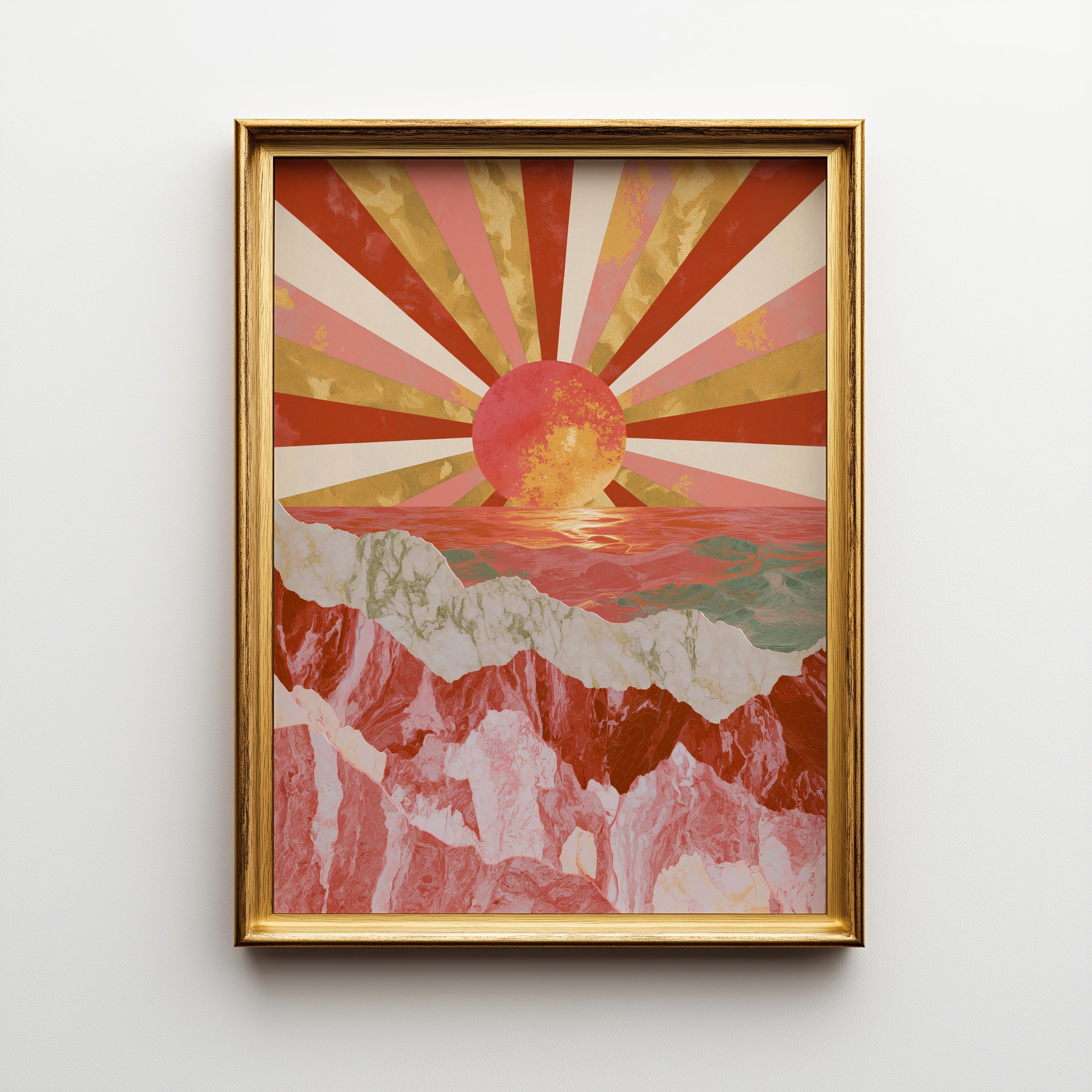 Art Deco Pink Retro Sunburst Landscape Geometric Sunset Wall Art by The Wall Art Studio
