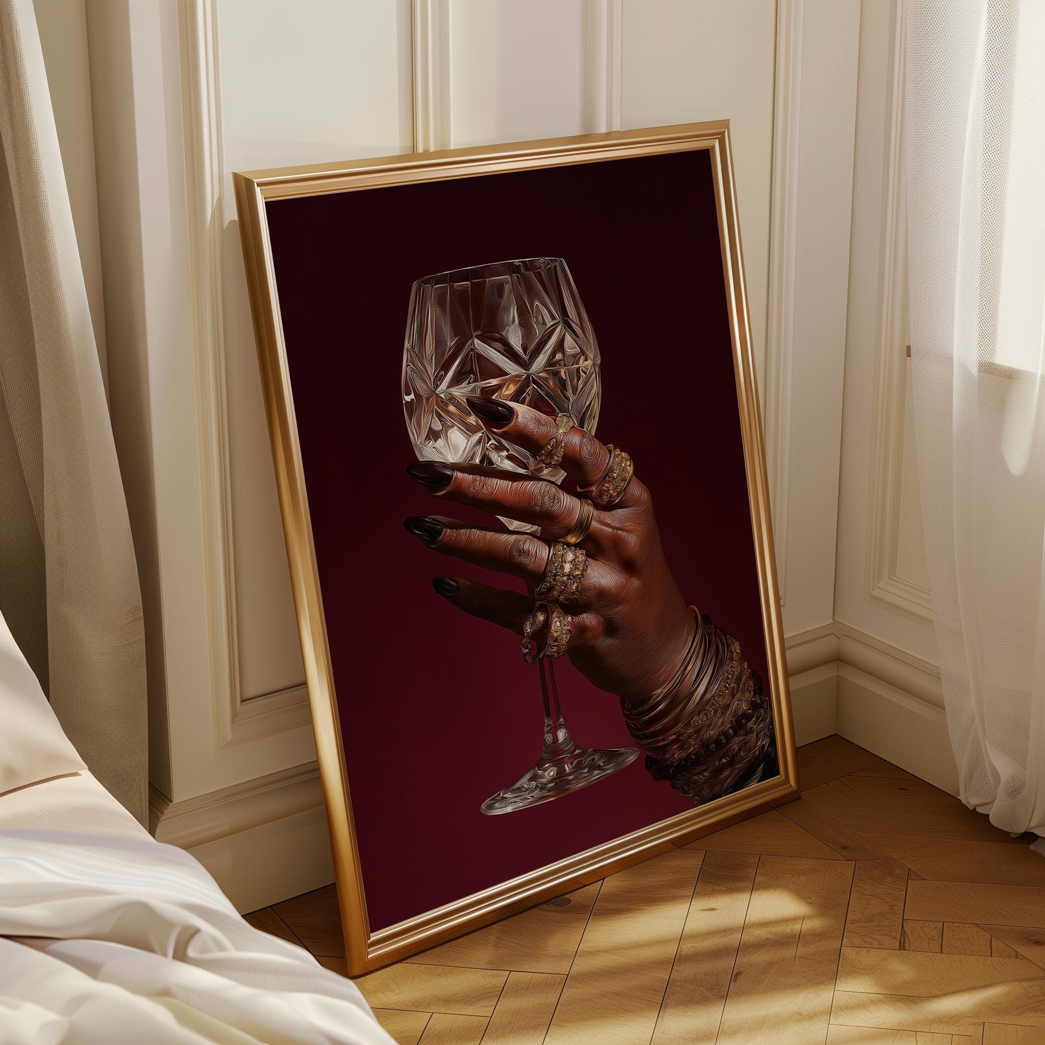Black Power Wall Art – Luxury Afrocentric Still Life with Wine Glass & Gold Jewellery, Bold Black Excellence Décor