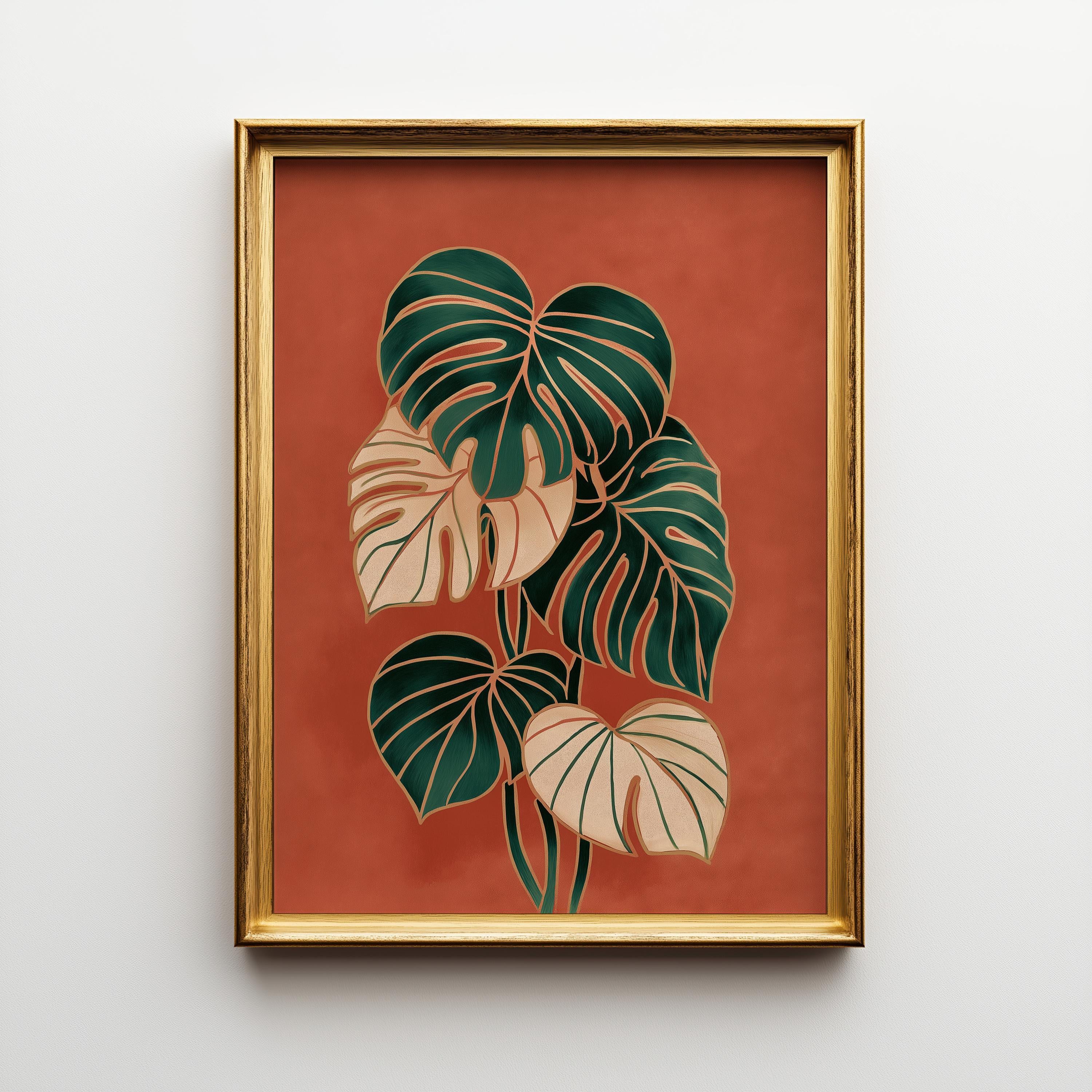 Monstera Leaf Terracotta Tropical Plant Mid Century Wall Art by The Wall Art Studio