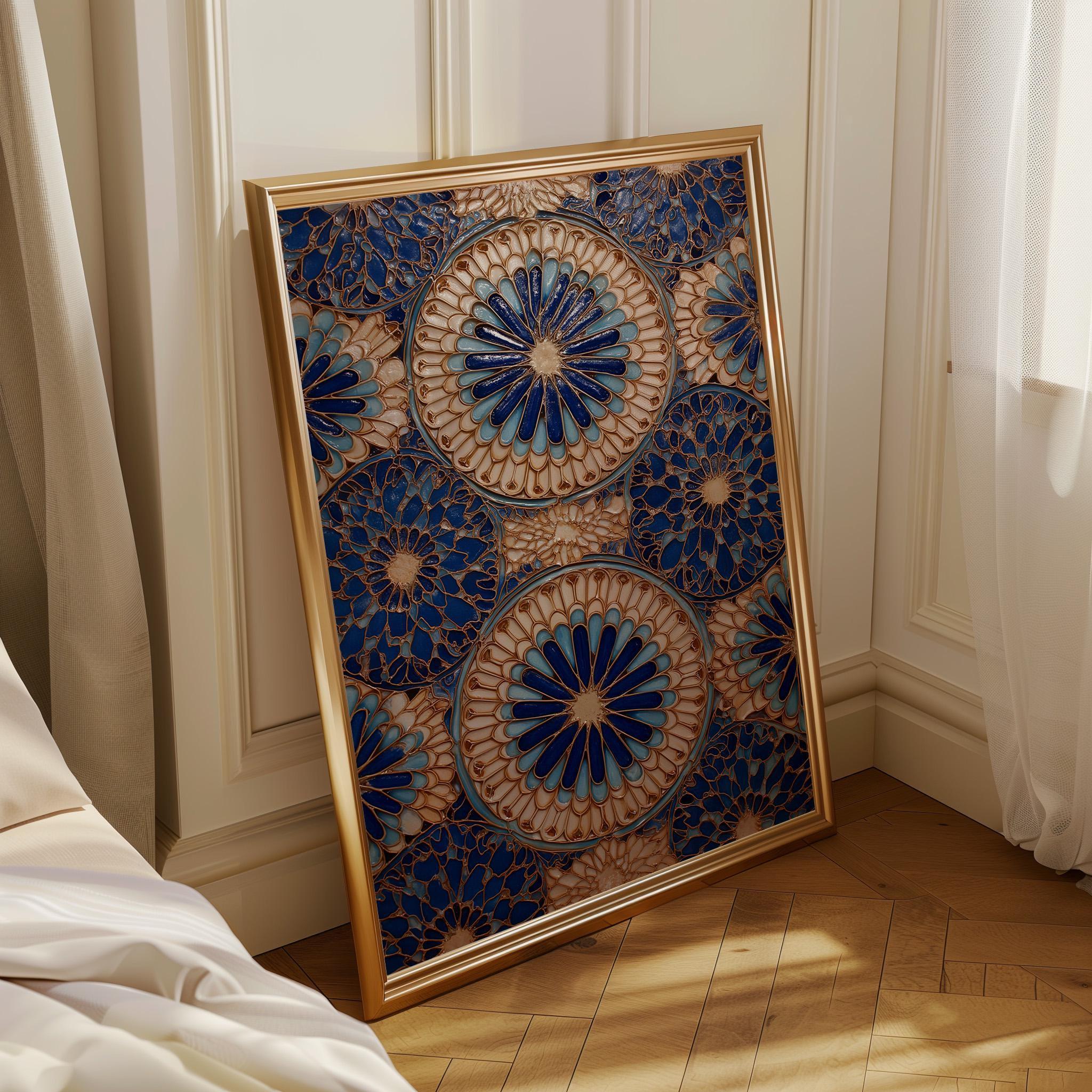 Blue Moroccan Tile Wall Art Print, Geometric Pattern Poster, Mediterranean Decor, Boho Coastal Blue Artwork (Framed Option)