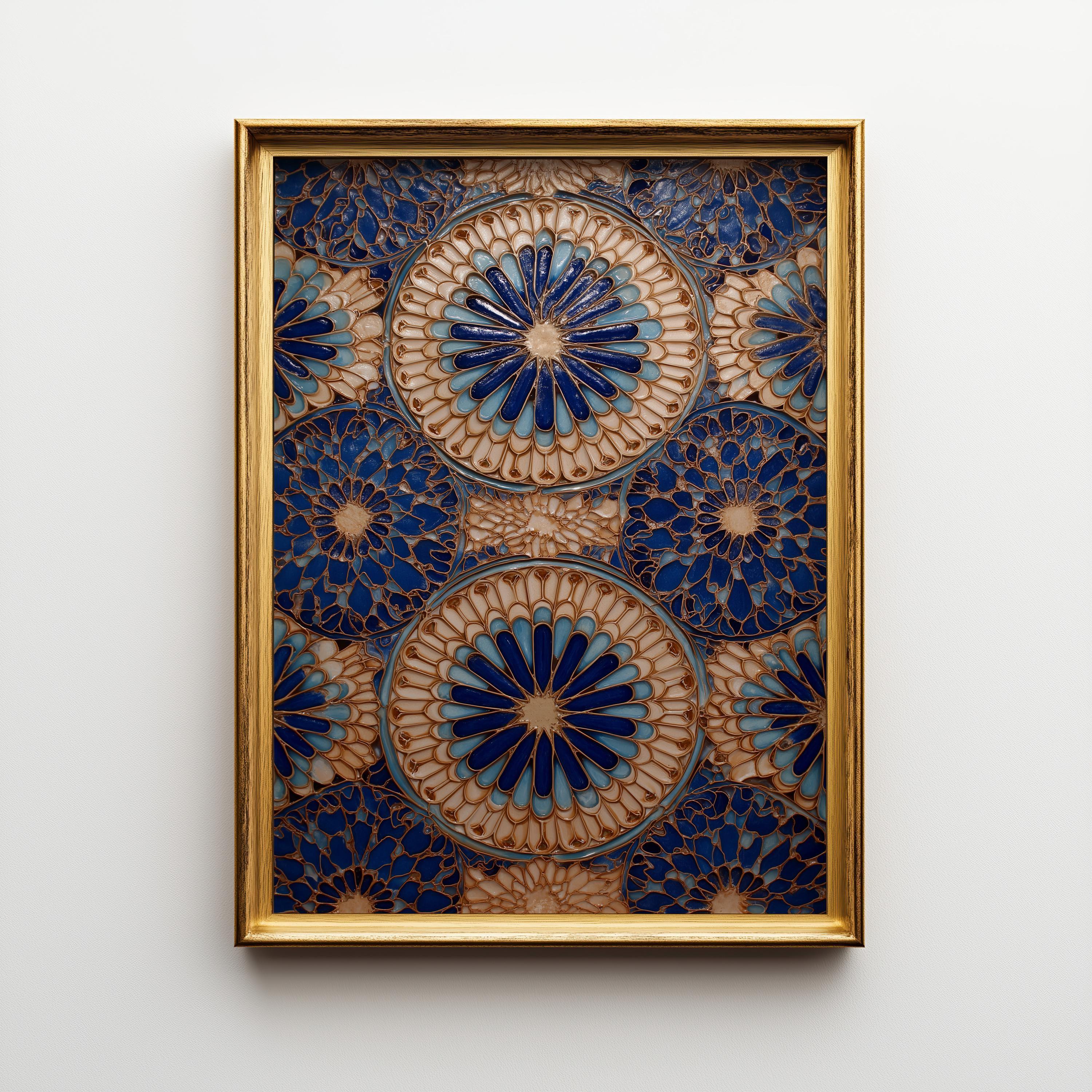 Blue Moroccan Tile Wall Art Print, Geometric Pattern Poster, Mediterranean Decor, Boho Coastal Blue Artwork (Framed Option)