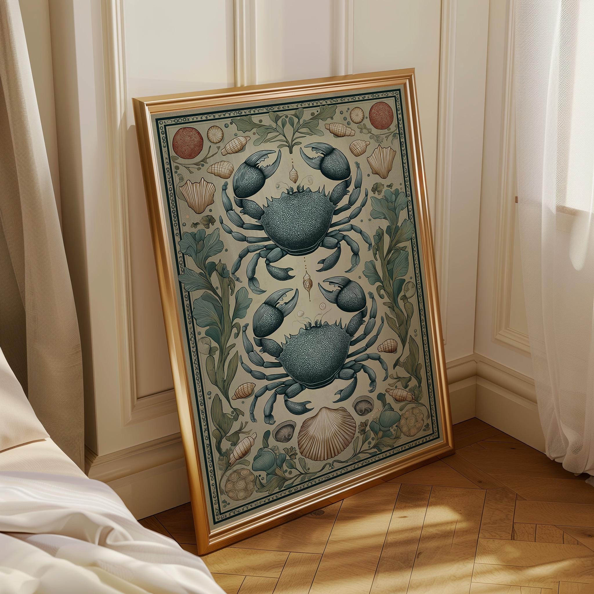 Coastal Crab Folk ArtNautical Beach House Sea Life Wall Art