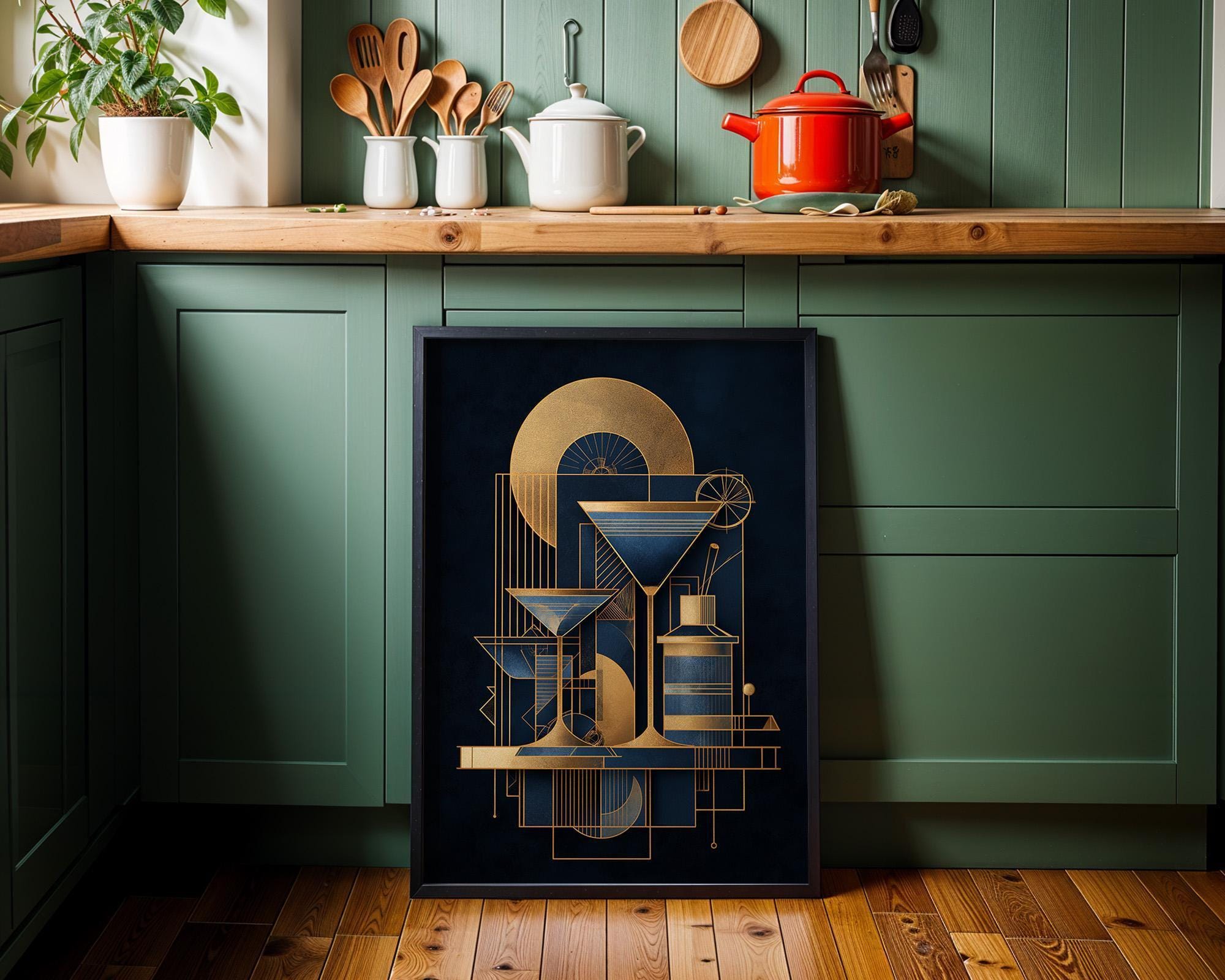 Blue and Gold Art Deco Minimalist Martini Cocktail Wall Art by The Wall Art Studio