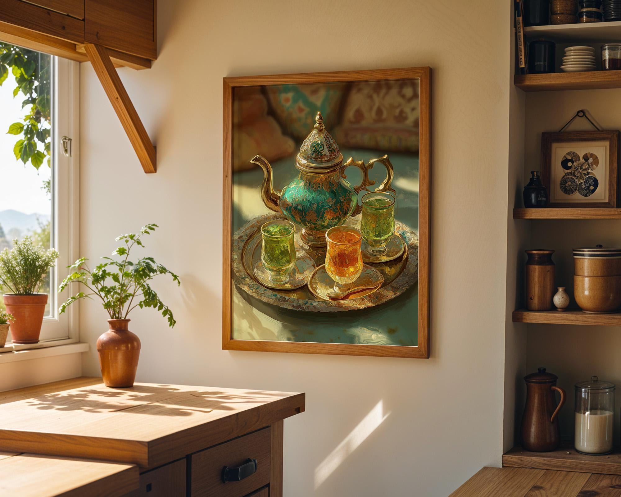 Moroccan Mint Tea Set Still Life Boho Kitchen Wall Art by The Wall Art Studio